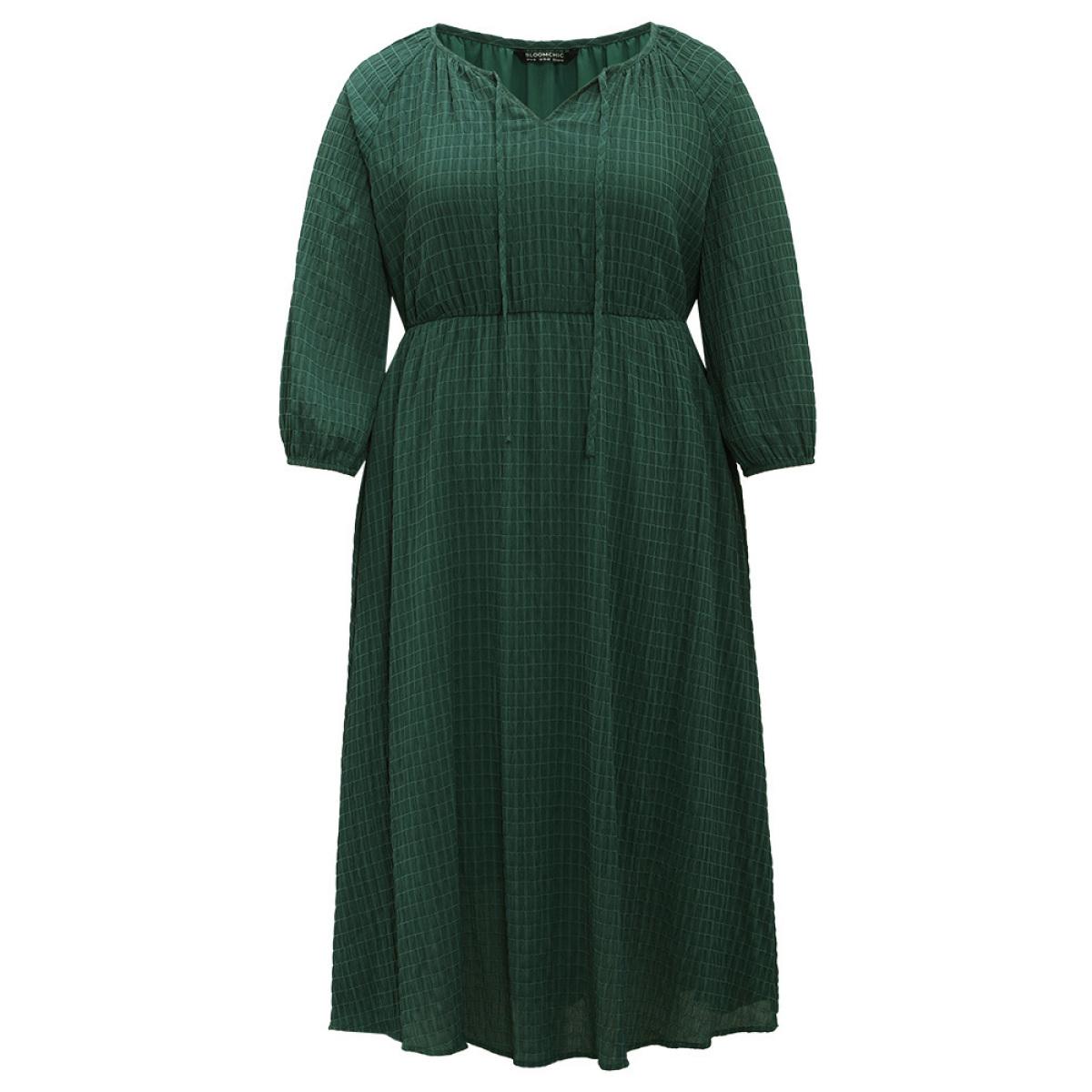 Plus Size Solid Textured Knot Neck Gathered Lantern Sleeve Dress DarkGreen Women Elegant Elastic cuffs Tie Neck Elbow-length sleeve Curvy Midi Dress BloomChic 22-24/3X Product Image