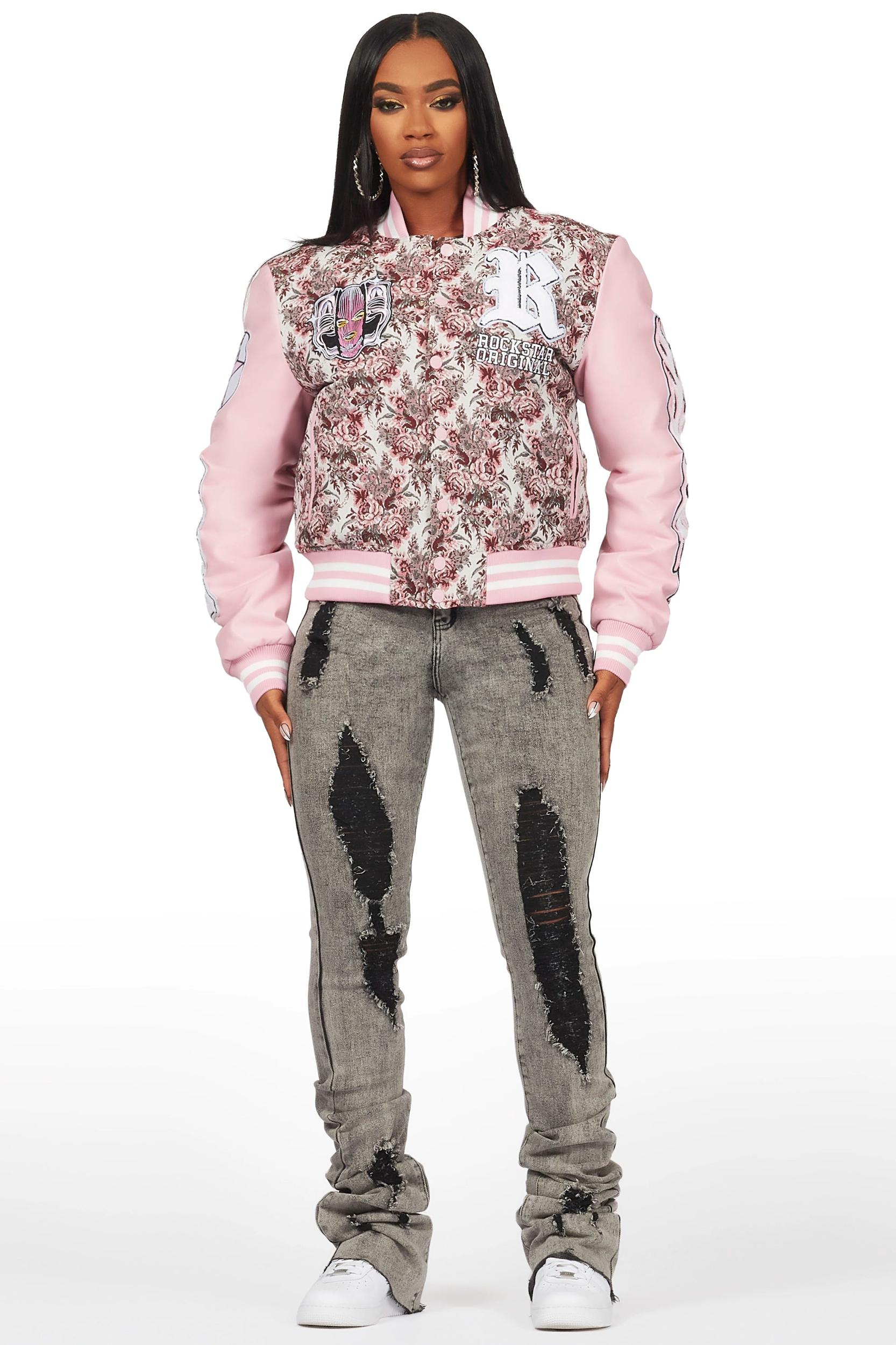 Lakiela Pink Oversized Tapestry Varsity Jacket Female Product Image