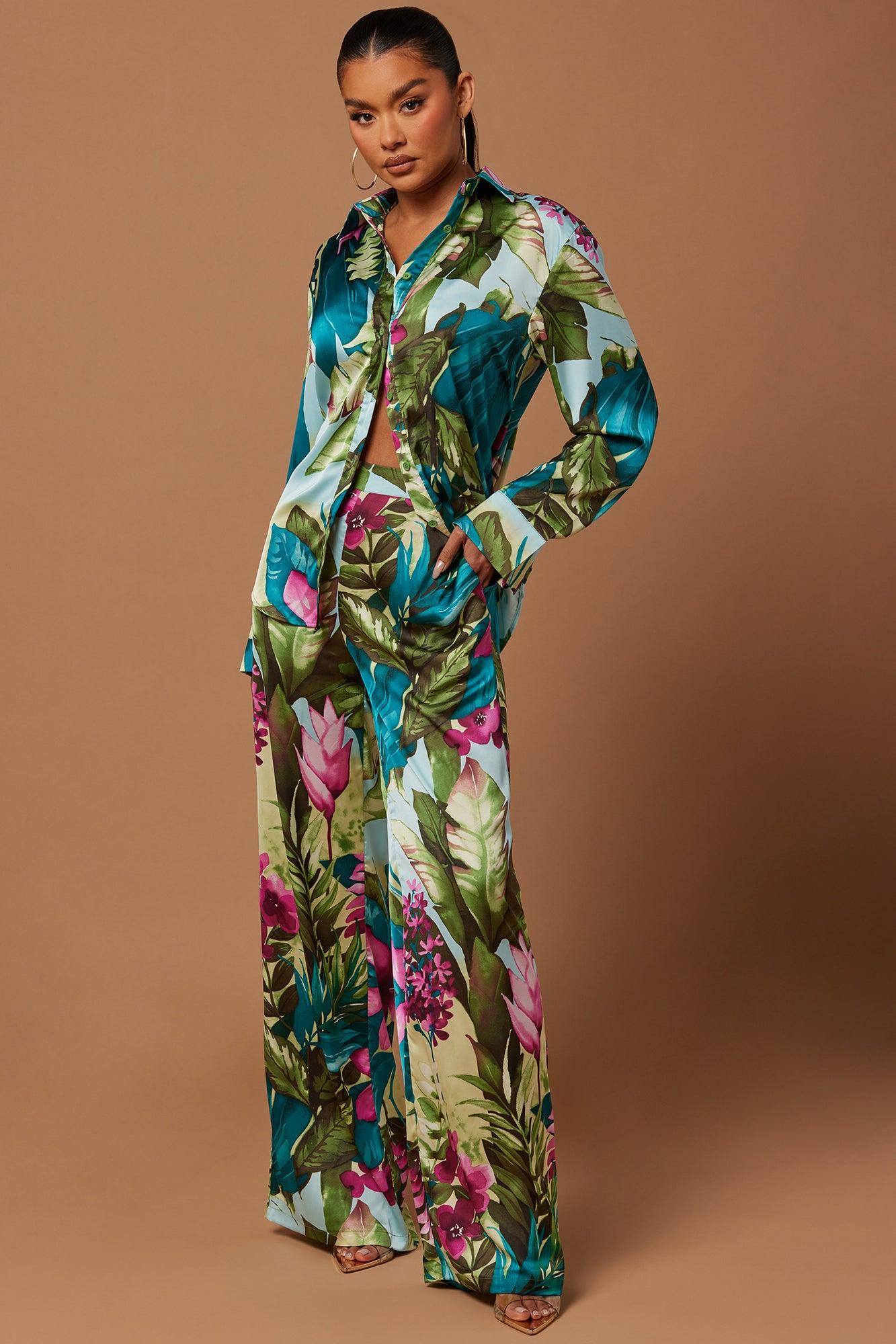 Kyoto Satin Pant Set - Green/combo Product Image