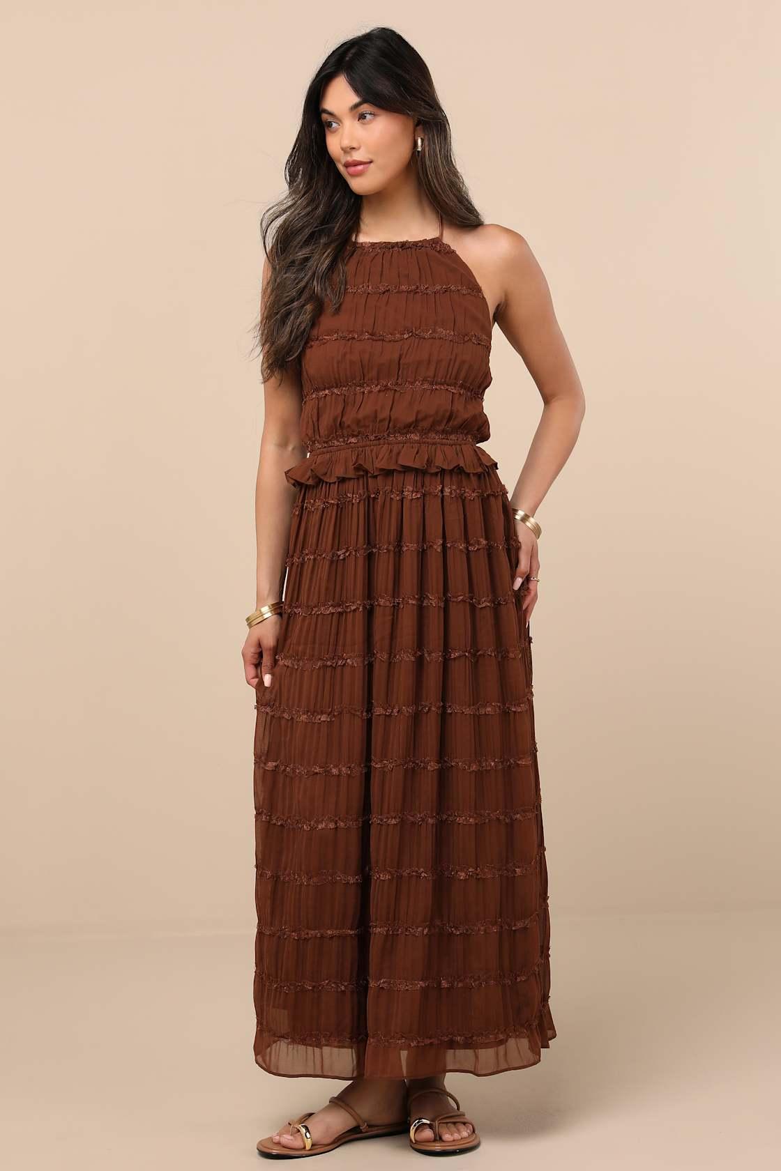 Madriana Brown Halter Neck Ruffed Midi Dress Product Image