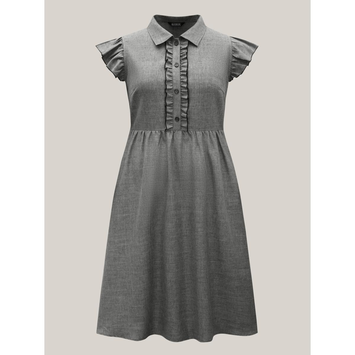 Plus Size Ruffled Trim Shirt Collar Flared Midi Dress DarkGray Women Office Frill Trim Shirt collar Cap Sleeve Curvy BloomChic 12/L Product Image