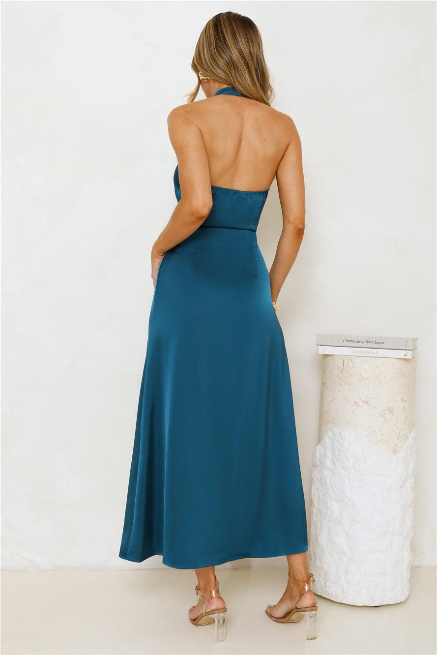 Night's Allure Satin Halter Maxi Dress Teal Product Image