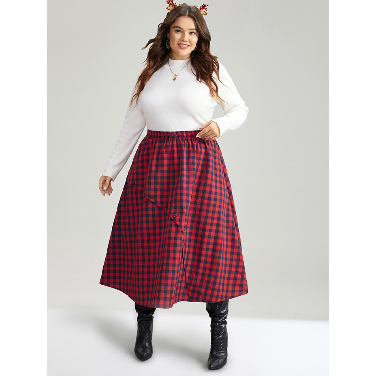 Plus Size Gingham Pocket Elastic Waist Button Detail Skirt Women Scarlet Elegant Elastic Waist Loose No stretch Pocket Festival-Christmas Skirts BloomChic 10/M Product Image