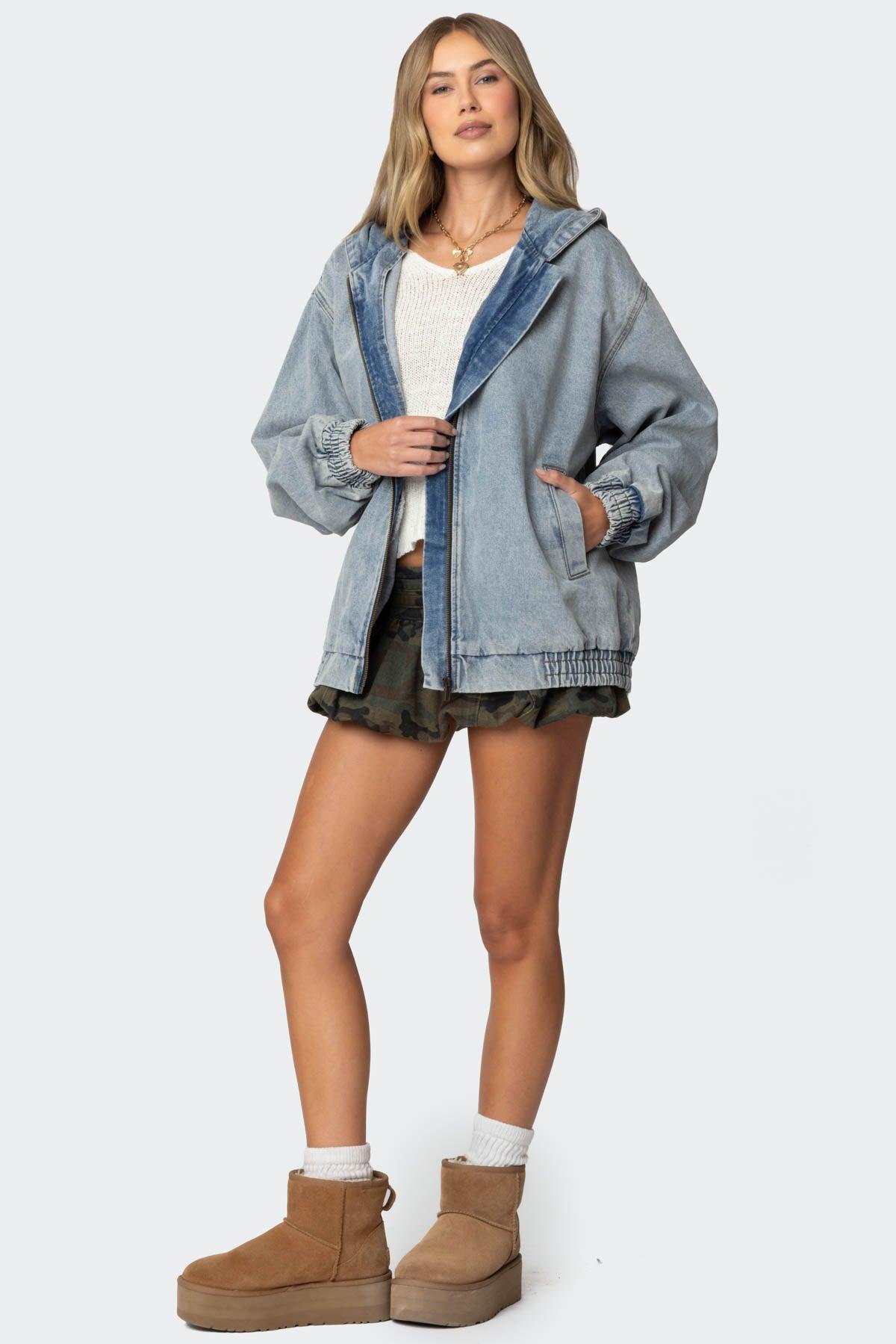 Hooded Vintage Washed Denim Bomber Jacket Product Image