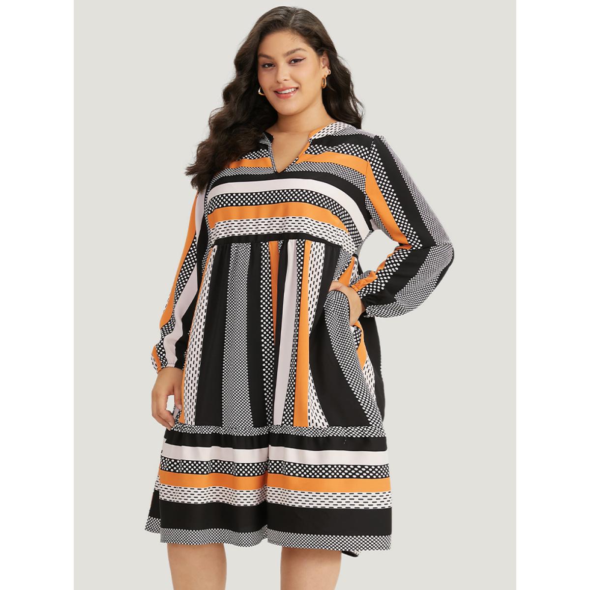 Plus Size Polka Dot & Striped Print Notched Pocket Dress Orange Women Office Elastic cuffs Notched collar Long Sleeve Curvy Midi Dress BloomChic 30/6X Product Image