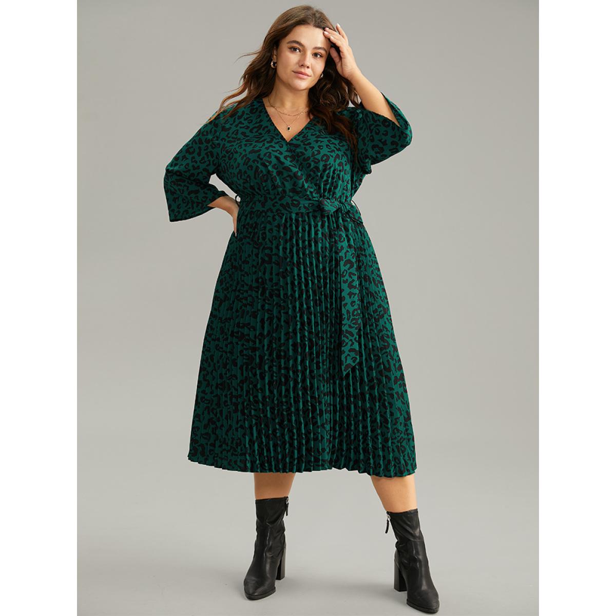 Plus Size Leopard Wrap Elastic Waist Pleated Belted Dress Cyan Women At the Office Wrap Overlap Collar Elbow-length sleeve Curvy Midi Dress BloomChic 12/L Product Image