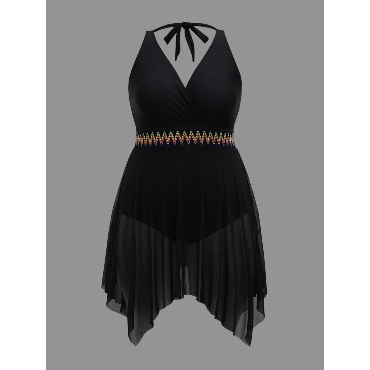 Plus Size Handkerchief Hem Contrast Webbing Surplice Neck Swim Dress Women's Swimwear Black Resort Bodycon Overlap Collar High stretch Curve Swim Dresses BloomChic 30/6X Product Image