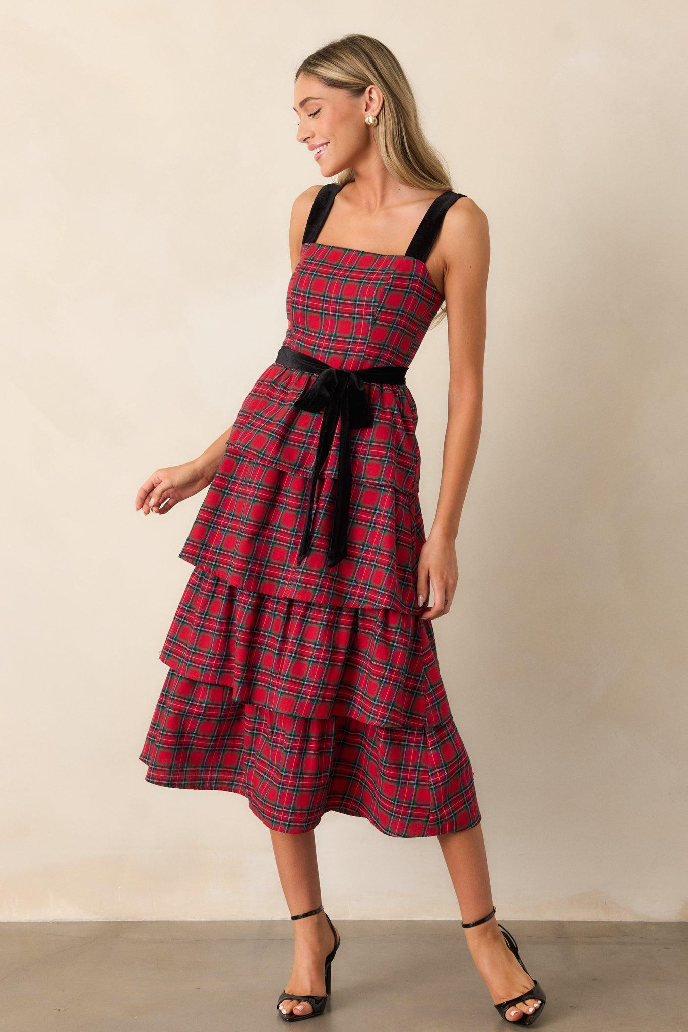 Elegance Defined Cotton Red Plaid Tiered Midi Dress Product Image