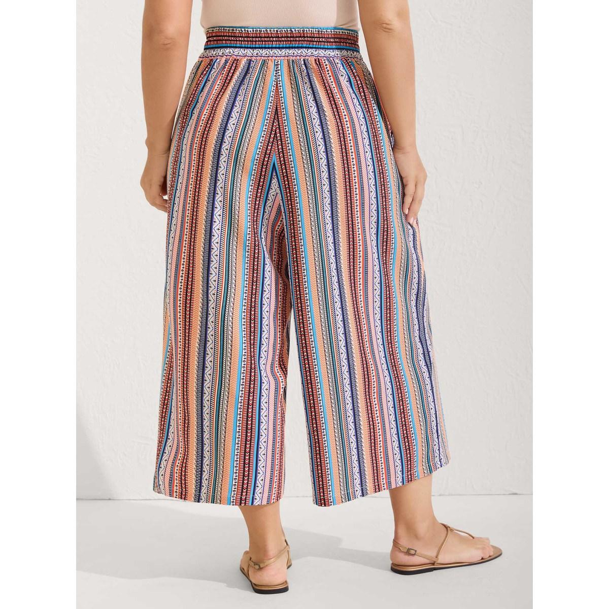 Plus Size Boho Stripe Color Block Wide-Leg Pants Women Multicolor Boho Wide Leg Mid Rise Vacation Pants BloomChic 30/6X Product Image