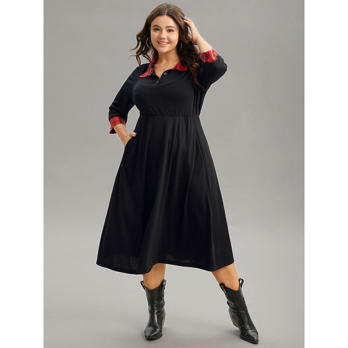 Plus Size Plaid Patchwork Shirt Collar Button Up Dress Black Women Casual Printed Shirt collar Elbow-length sleeve Curvy Midi Dress BloomChic 14-16/1X Product Image