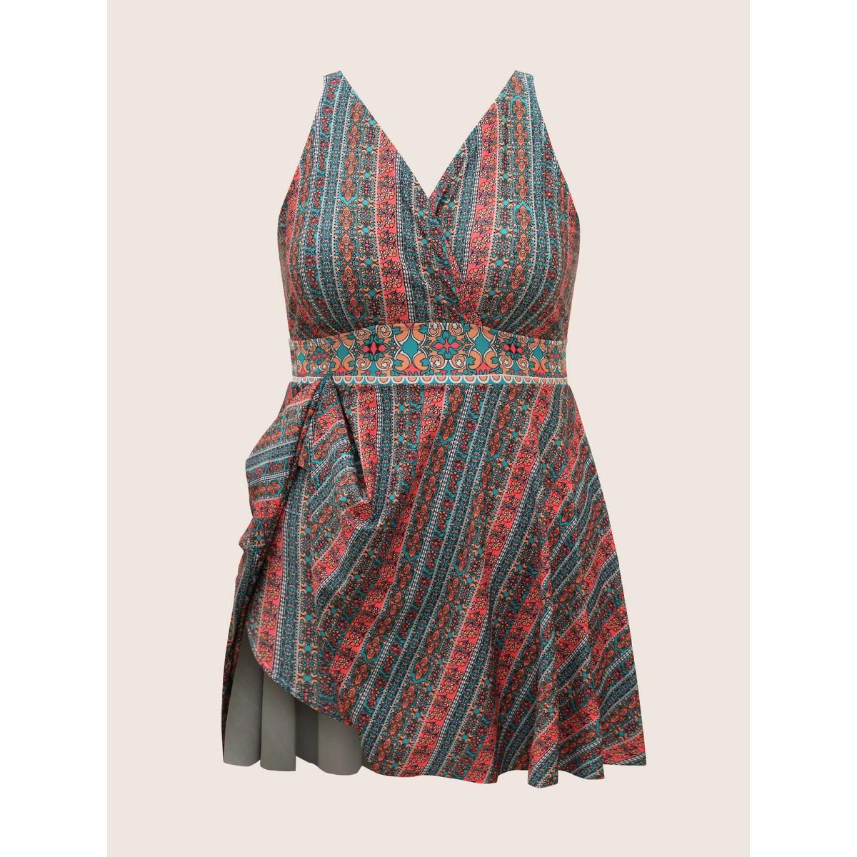 Plus Size Overlap Collar Bandana Print Patchwork Swim Dress Women's Swimwear Crimson Beach Bodycon V-neck High stretch Curve Swim Dresses BloomChic 30/6X Product Image