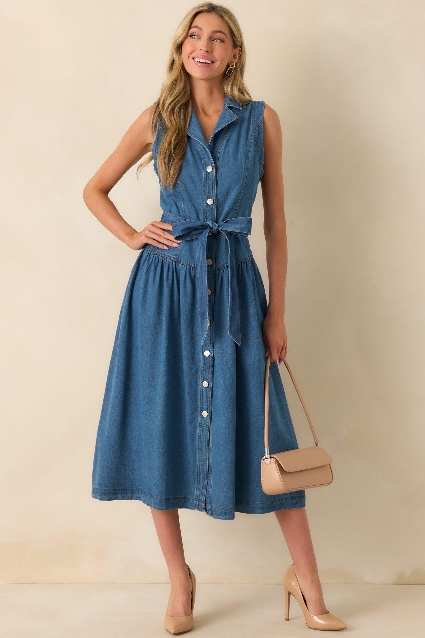 Riverside Sips Blue Denim Button Front Maxi Dress Product Image