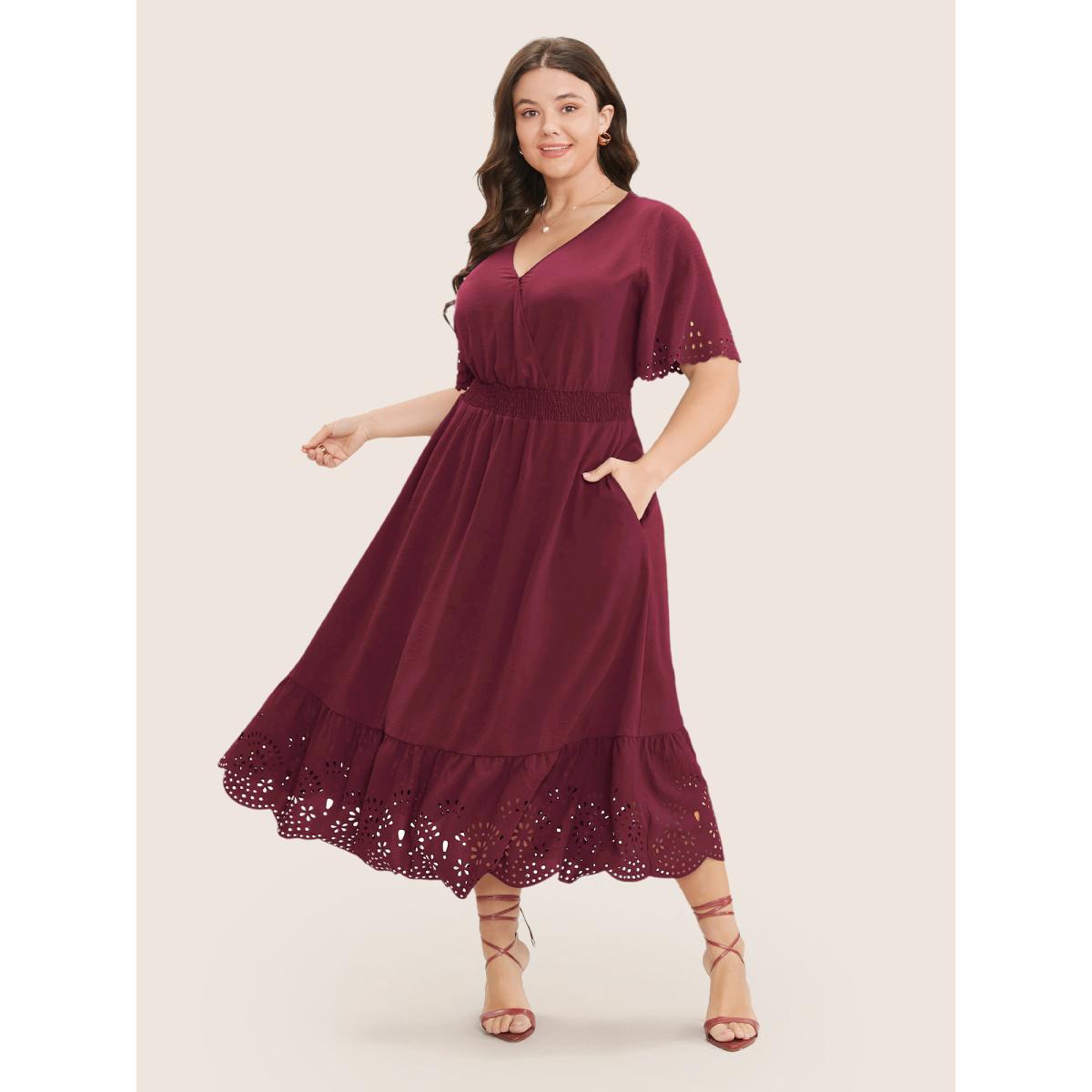 Plus Size Solid Laser Cut Shirred Pocket Wrap Scalloped Trim Flutter Dress Burgundy Women Elegant Non V-neck Short sleeve Curvy Midi Dress BloomChic 28/5X Product Image