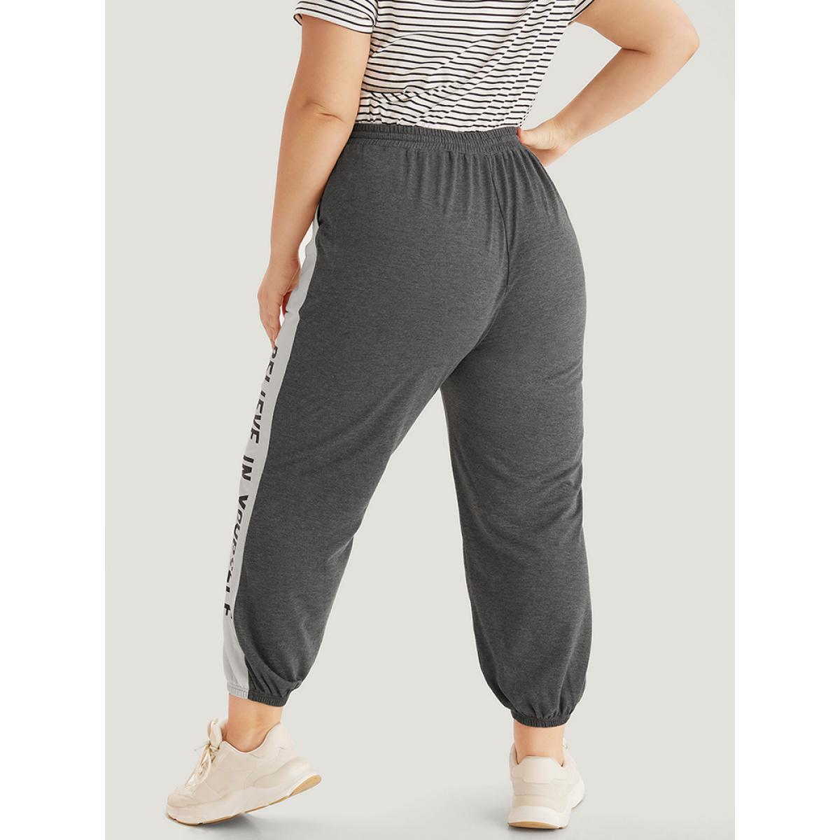 Letter Print Bowknot Contrast Patchwork Pocket Sweatpants Gray Plus Size Women Casual Everyday Contrast 12/L Bloomchic Product Image