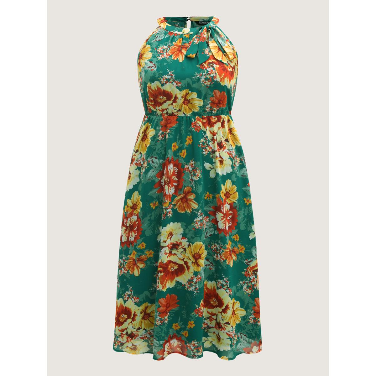 Plus Size Large Floral Print Stretchy-Waist Midi Dress Emerald Women Halter neck Sleeveless Curvy BloomChic 26/4X Product Image
