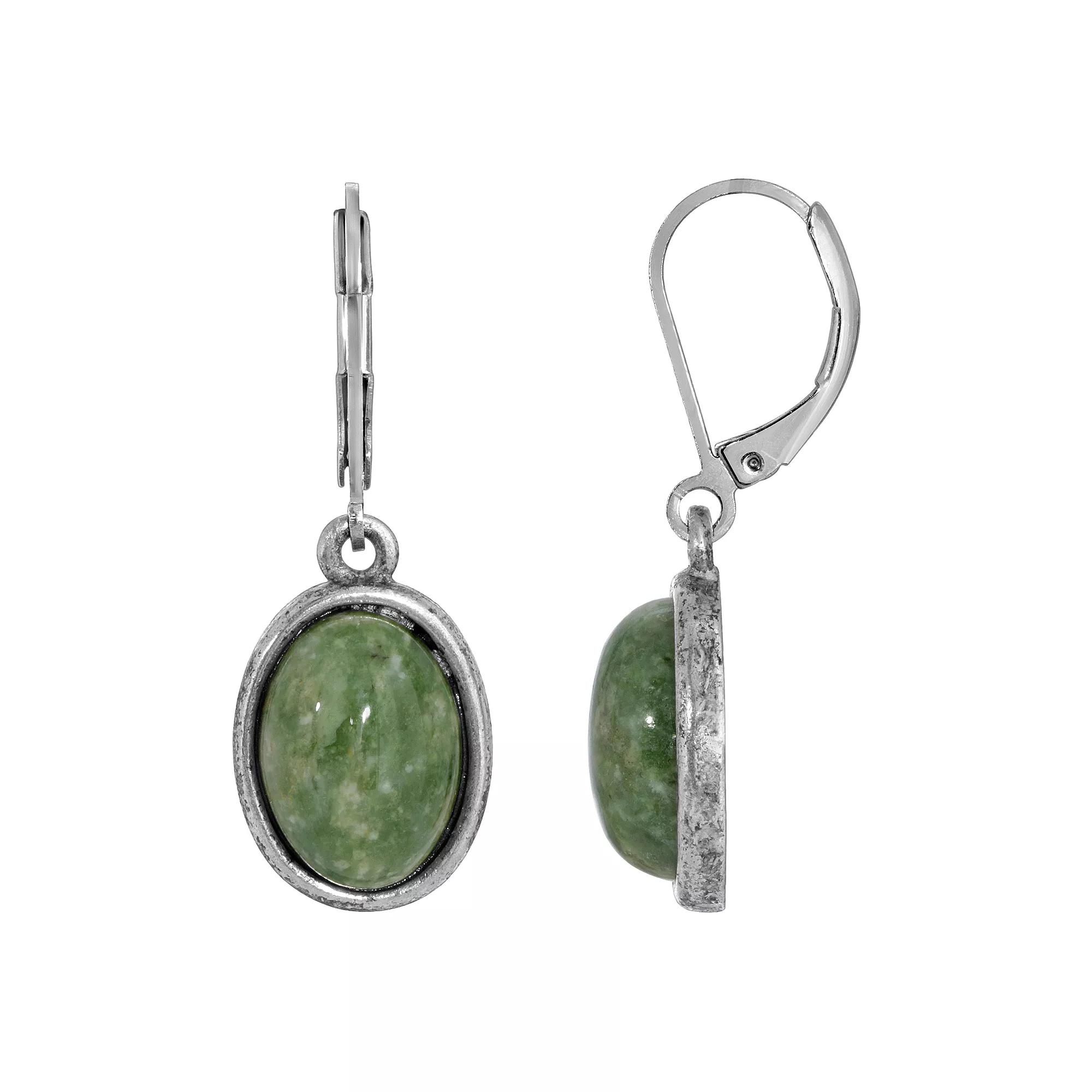 1928 Silver Tone Stone Oval Drop Earrings, Womens, Green Product Image