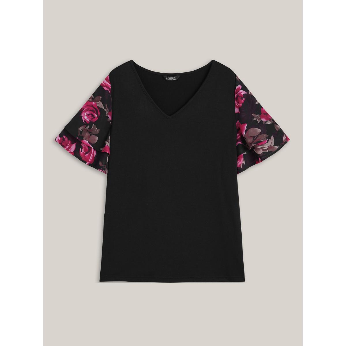 Plus Size Stretchy Floral Lotus Sleeve V-Neck T-Shirt Black Women Leisure Contrast Round Neck Casual T-shirts BloomChic 18-20/2X Product Image