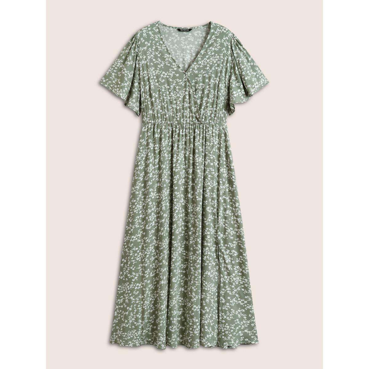 Plus Size Bloom Dress - Flutter Sleeve Ditsy Floral Pocket Split Maxi Dress LightGreen Women Romantic Slit V-neck Half Sleeve Curvy Long Dress BloomChic 10/M Product Image