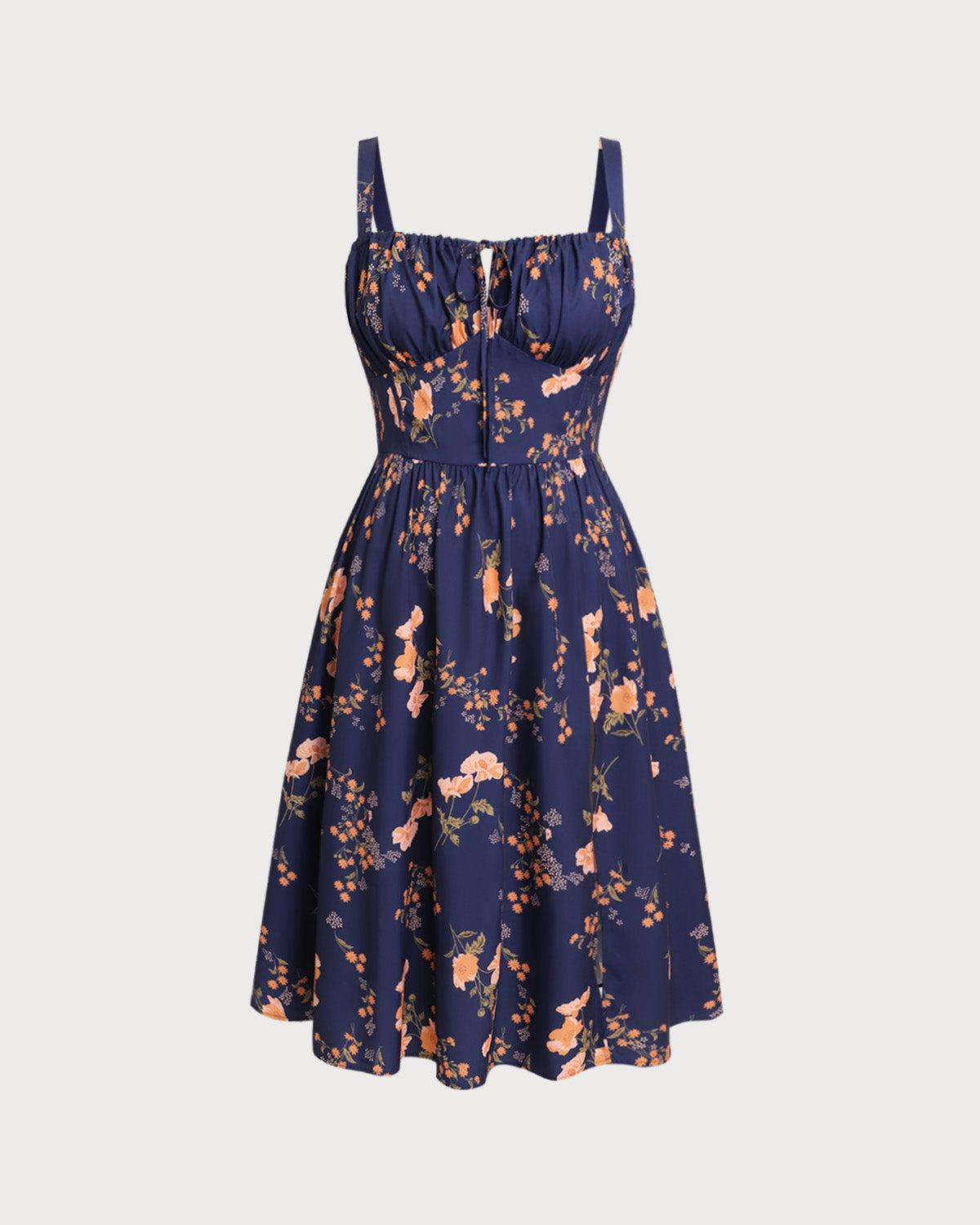 Navy Floral Ruched Plus Size Slip Midi Dress Product Image