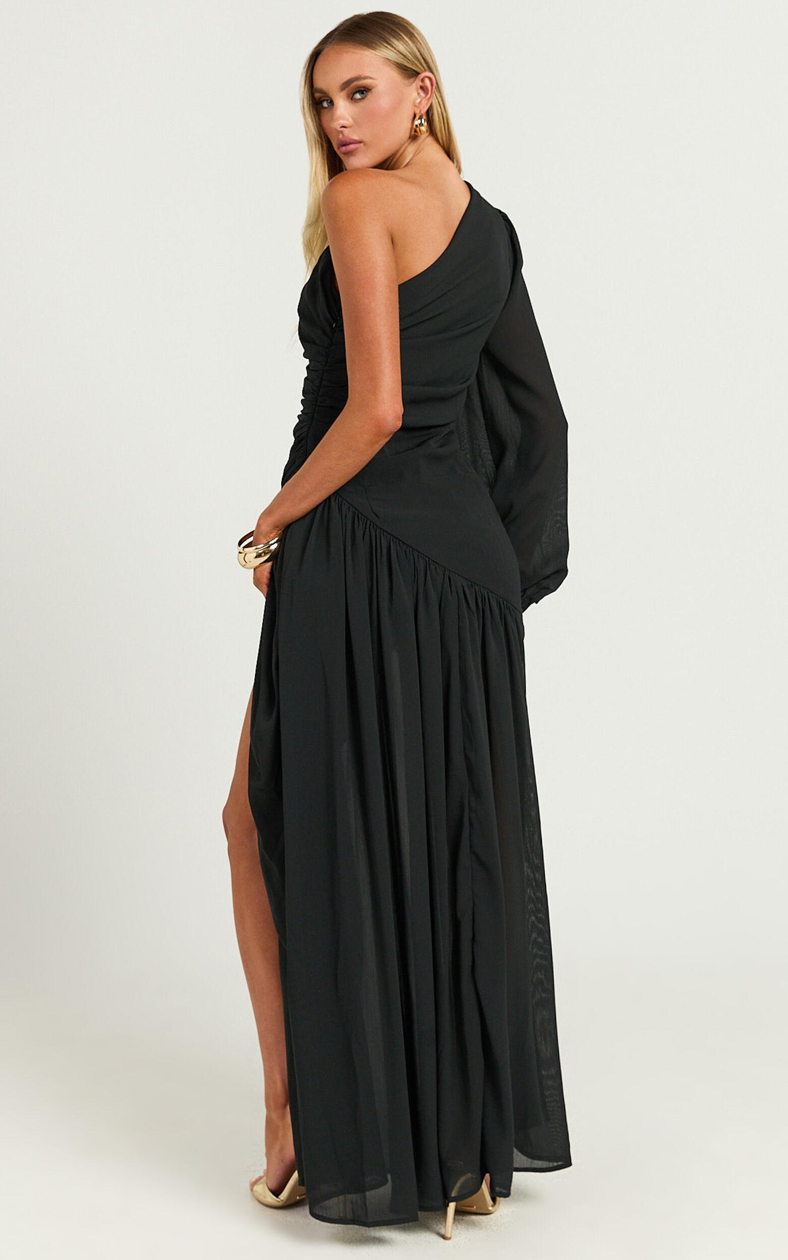 Grittah Midi Dress - One Shoulder Bishop Sleeve High Split Ruched Dress in Black Product Image