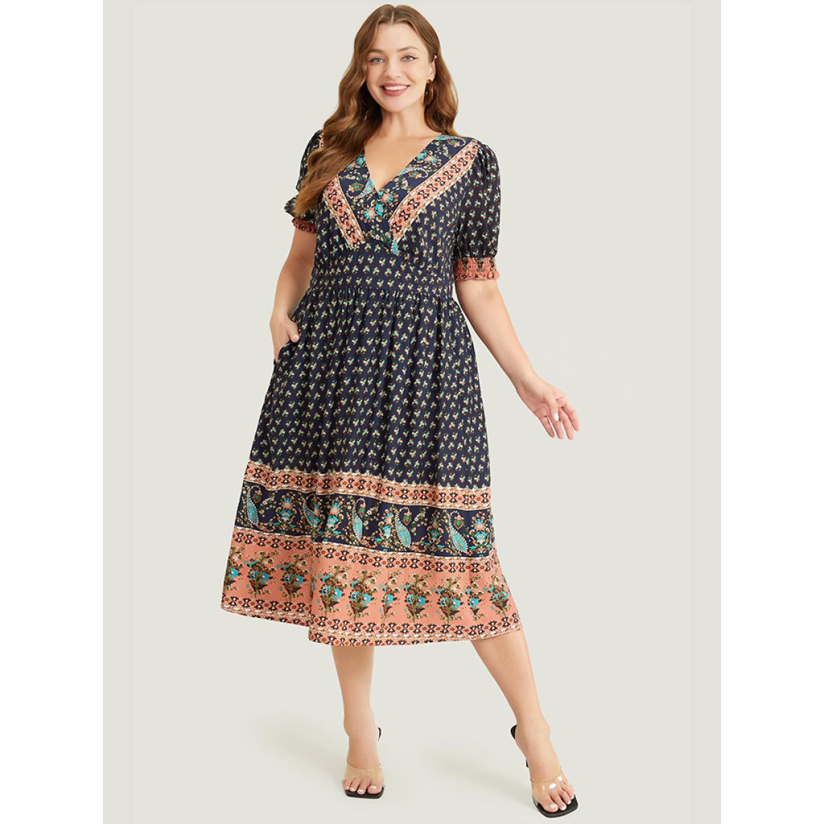 Plus Size Bandana Print Shirred Puff Sleeve Pocket Wrap Empire Waist Dress Indigo Women Vacation Wrap V-neck Short sleeve Curvy Midi Dress BloomChic 28/5X Product Image