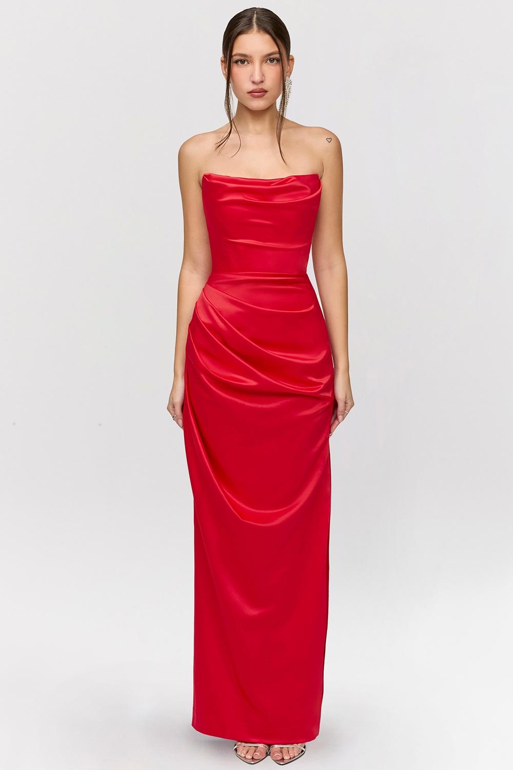 Adrienne  scarlet satin strapless gown Product Image