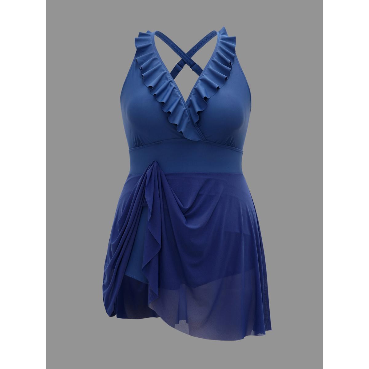 Plus Size Ruffle Trim Patchwork Mesh Swim Dress Women's Swimwear Mediumblue Beach Bodycon Overlap Collar High stretch Curve Swim Dresses BloomChic 12/L Product Image
