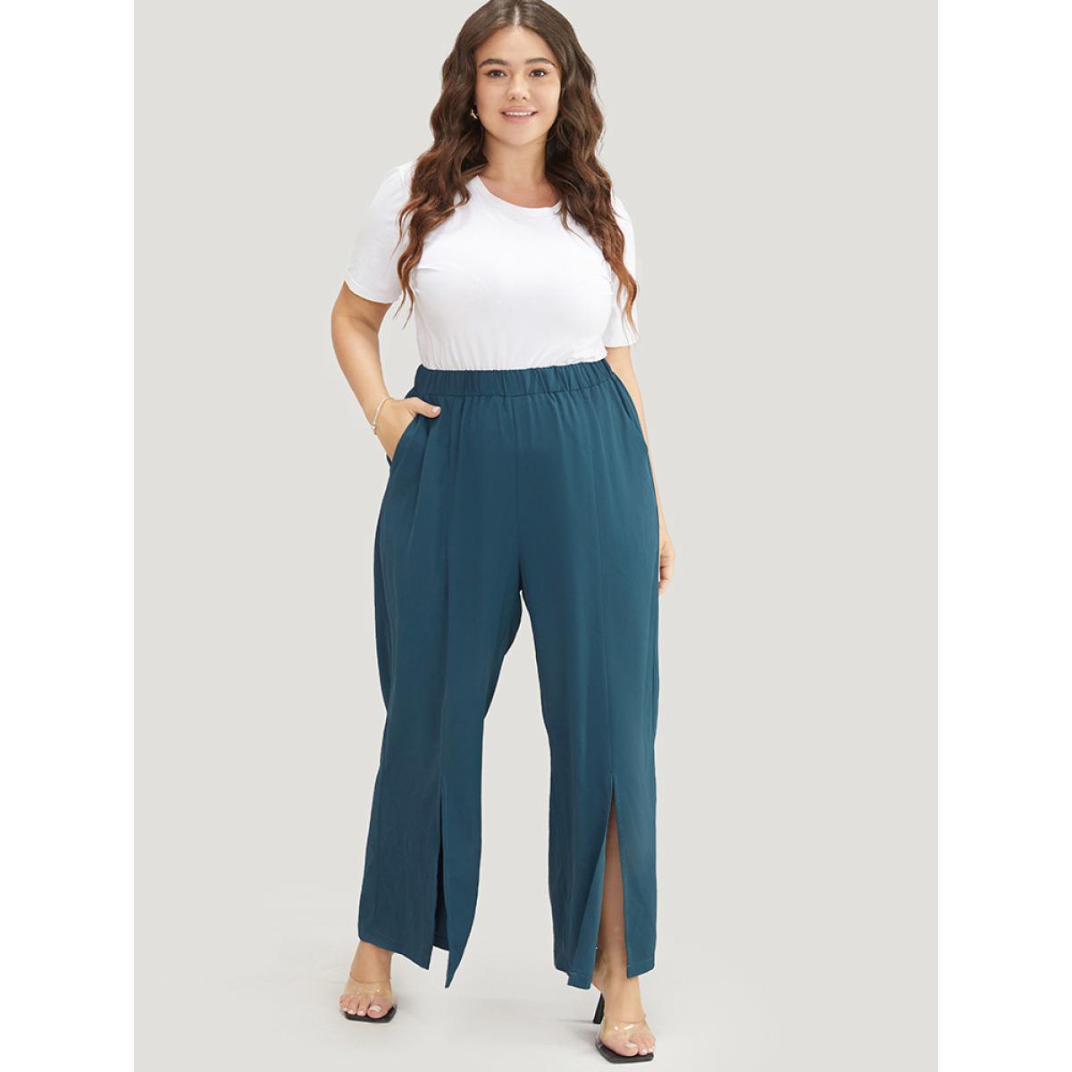 Plus Size Split Hem Elastic Waist Pocket Pants Women Cyan Office Mid Rise Office Pants BloomChic 28/5X Product Image