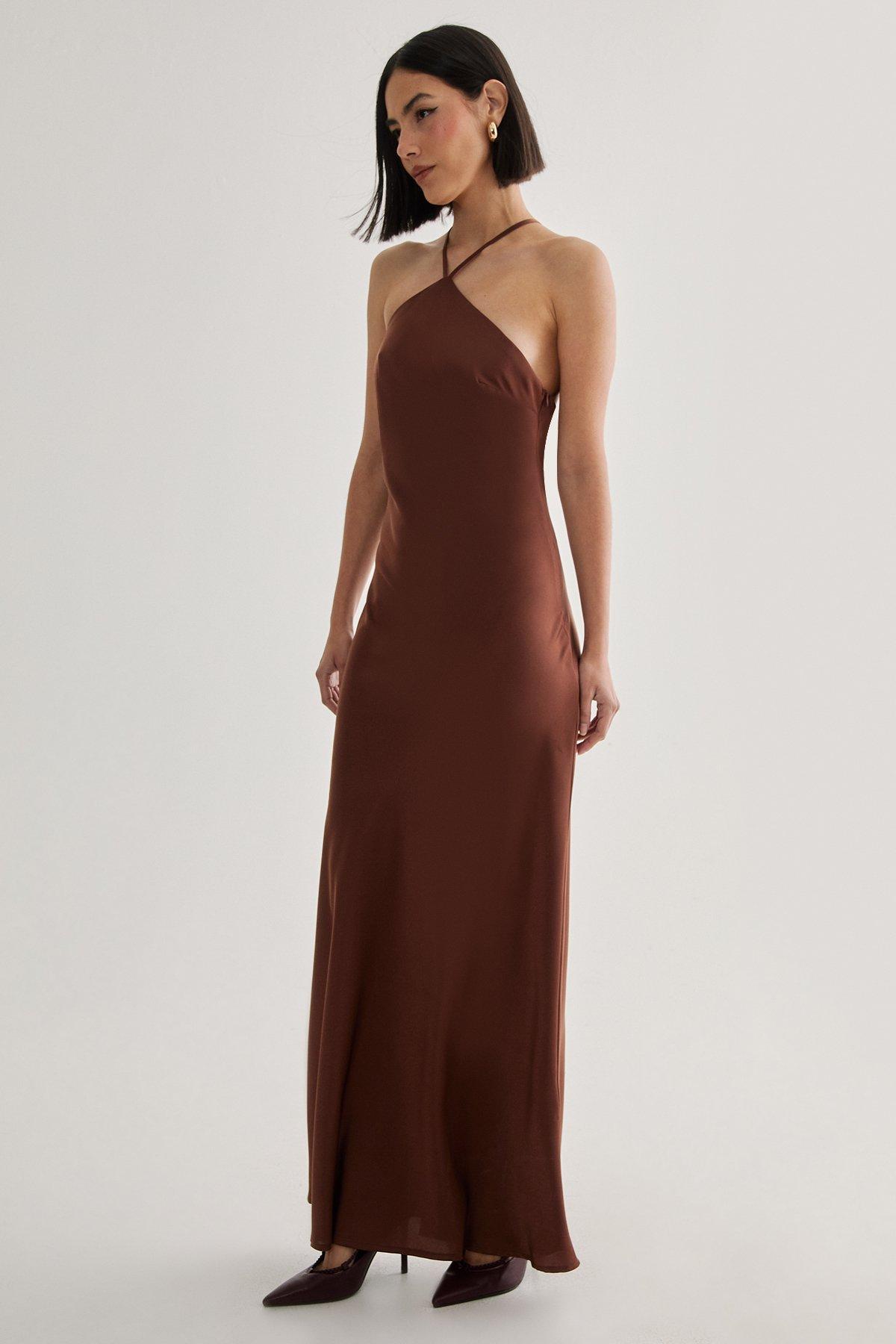 Satin Halter Neck Cowl Back Maxi Dress Product Image