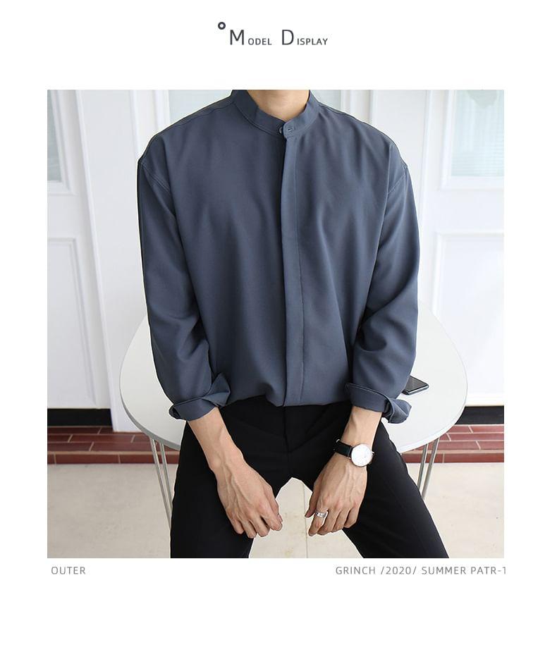 Long Sleeve Band Collar Plain Button Shirt Product Image