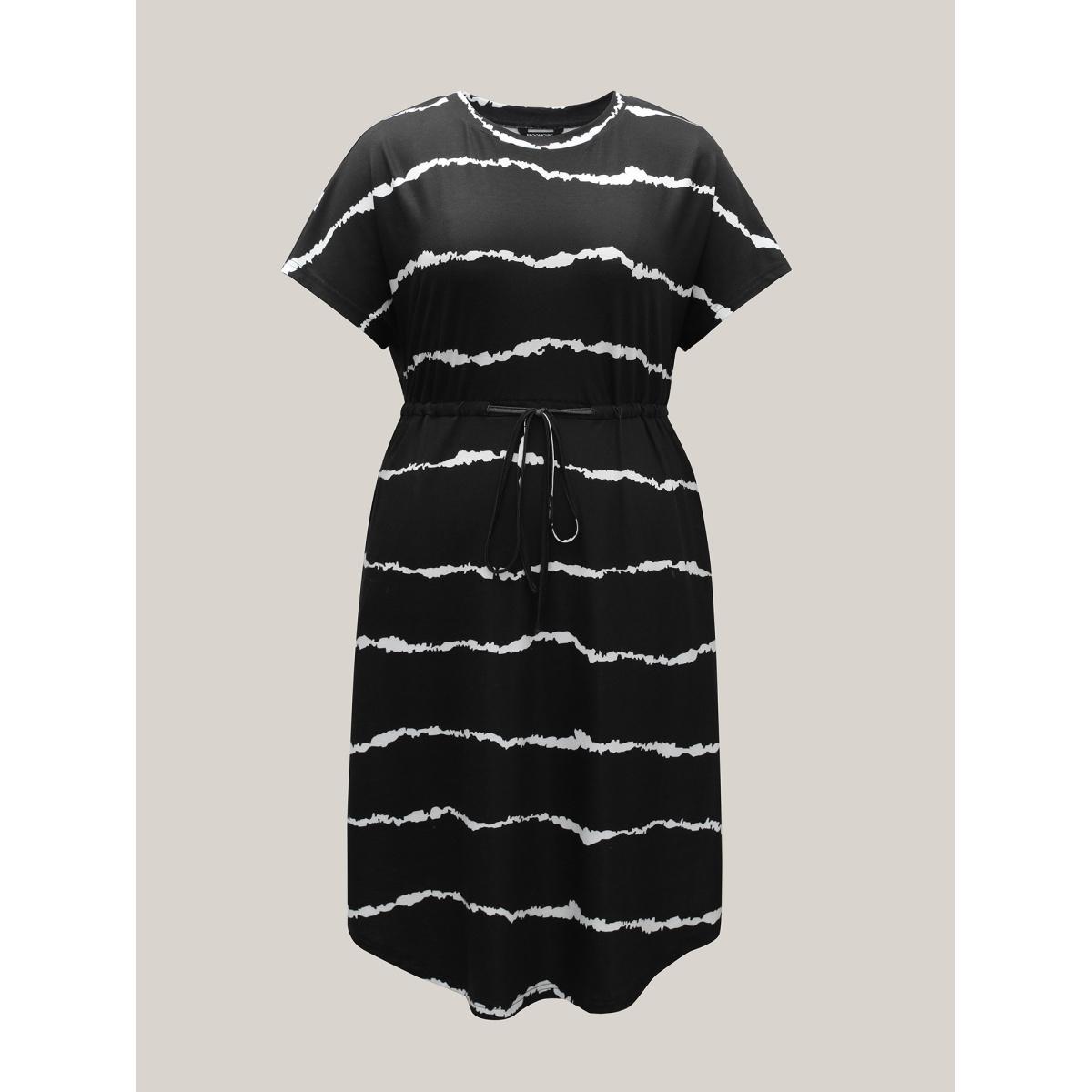 Plus Size Striped Waist-Tie Dolman Sleeve Midi Dress Black Women Casual Drawstring Knit Dresses Bloomchic 30/6X Product Image