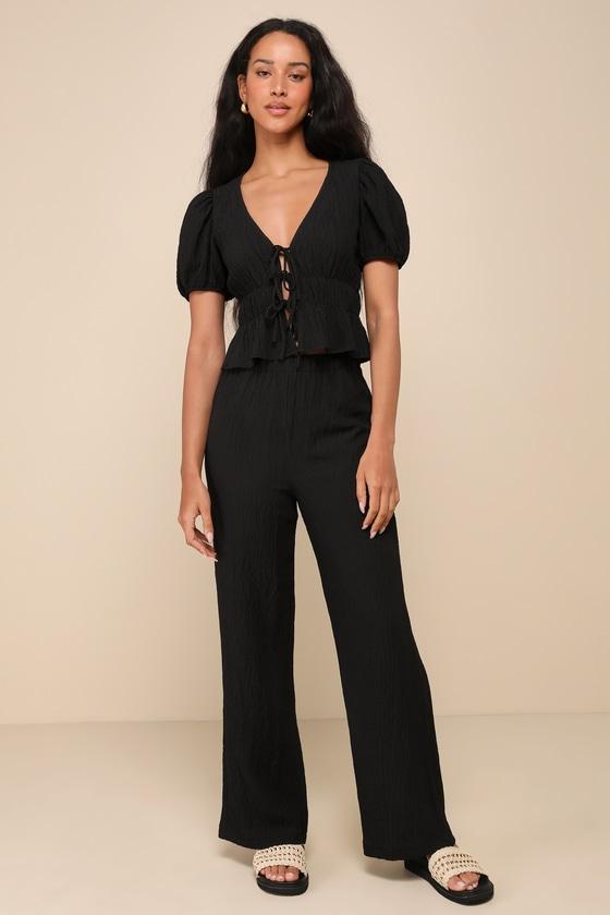 Popular Personality Black Textured Tie-Front Puff Sleeve Top Product Image