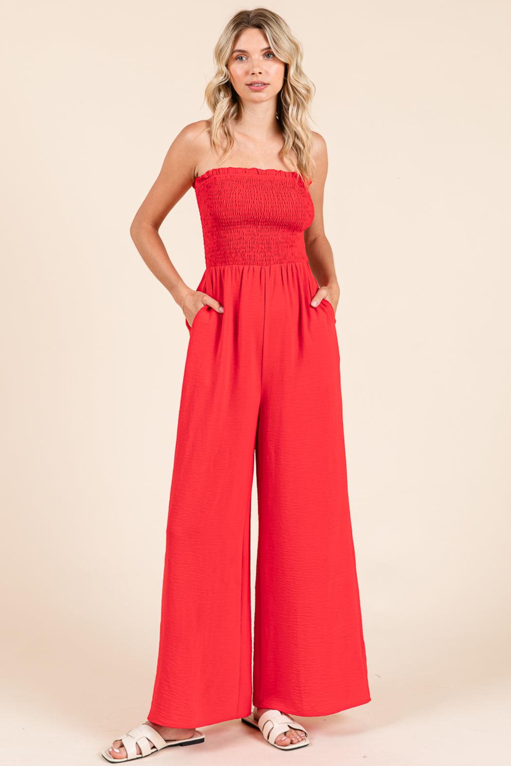 Strapless Smocked Wide-Leg Jumpsuit 1-Piece Outfit Product Image