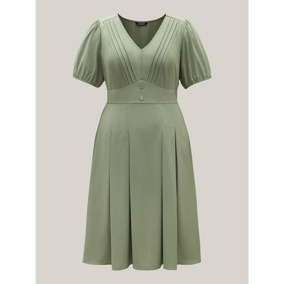 Plus Size Pleated Neckline Cinched-Waist Solid Midi Dress Greenbean Women V-neck Short sleeve Curvy BloomChic 14-16/1X Product Image