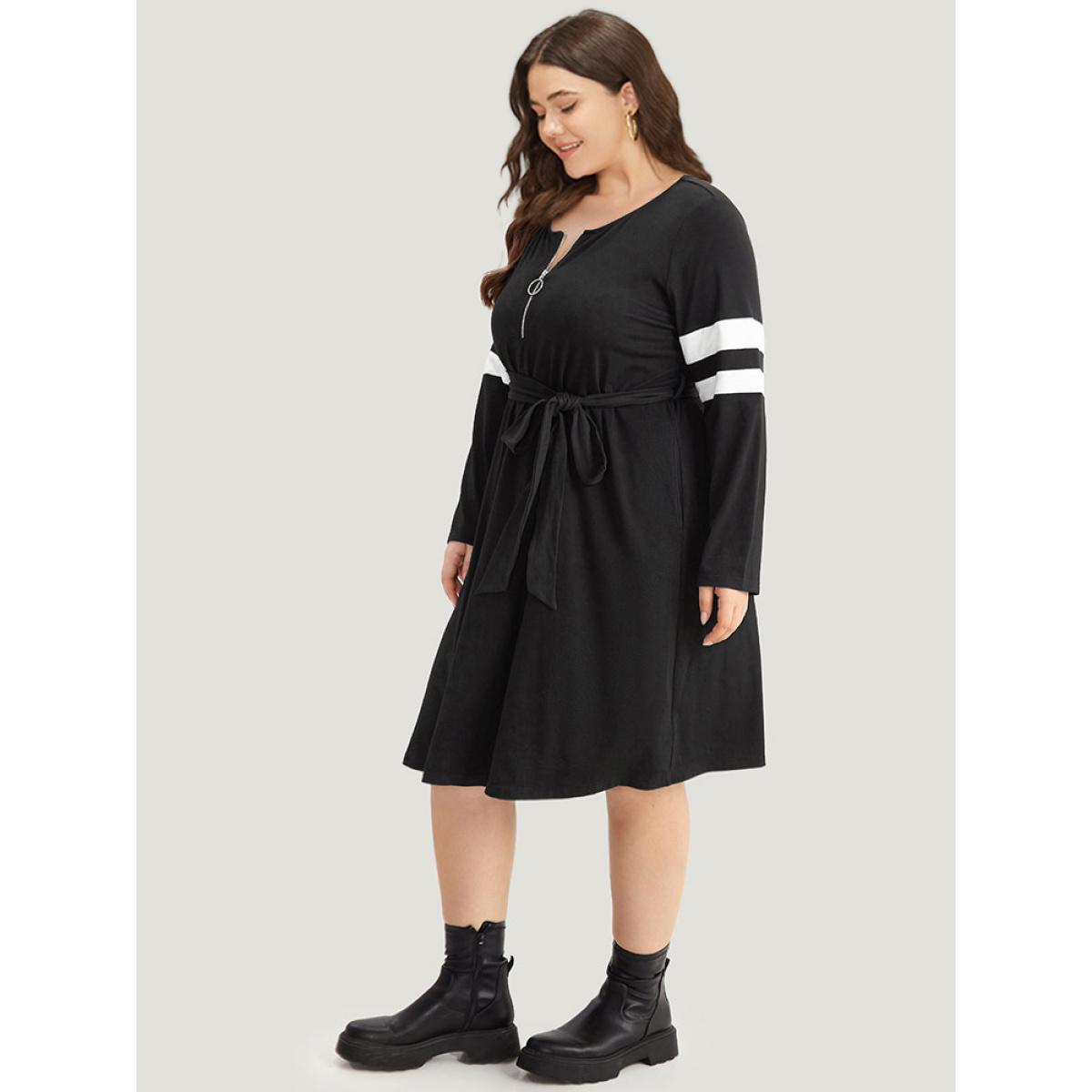 Plus Size Colorblock Patchwork Zipper Belted Dress Black Women Casual Belted Round Neck Long Sleeve Curvy Midi Dress BloomChic 30/6X Product Image