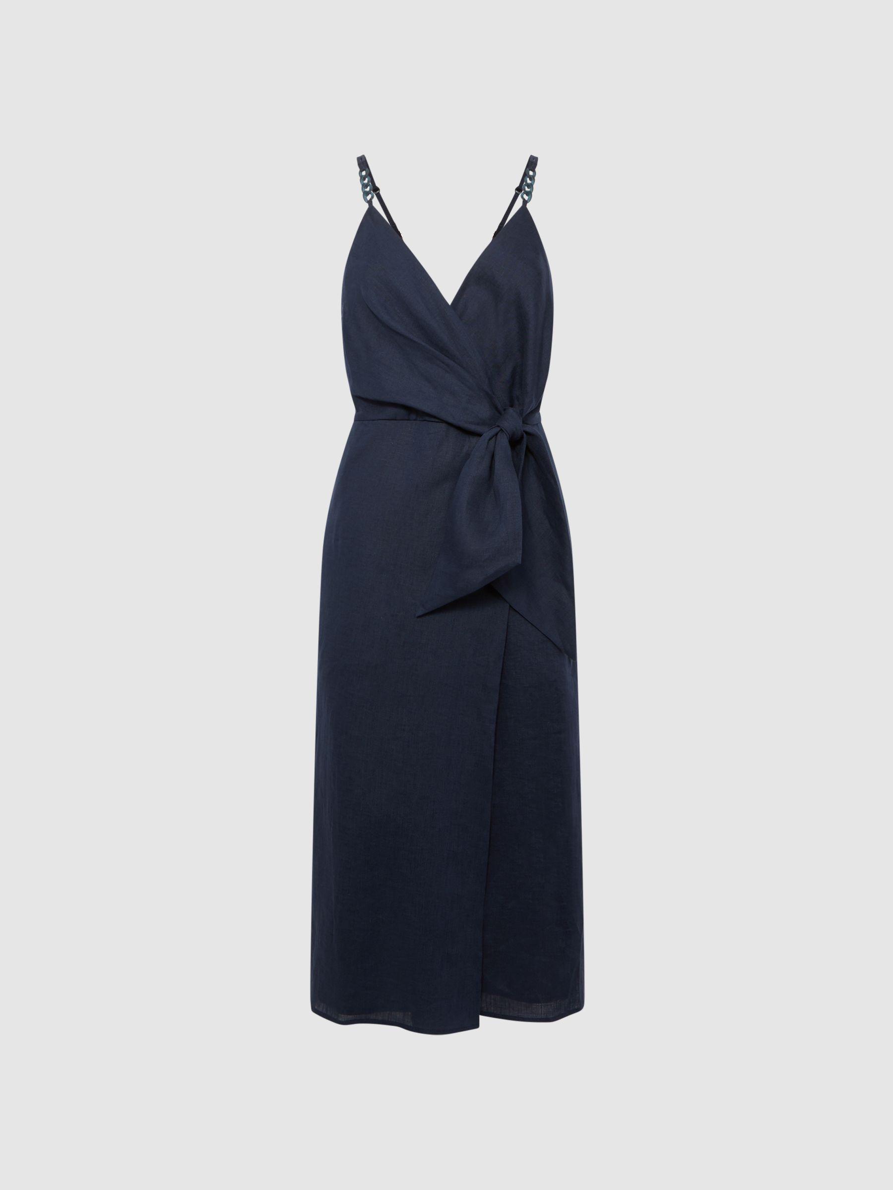 Linen Side Tie Midi Dress in Navy Product Image