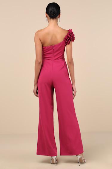 Damara Magenta Floral Applique One-Shoulder Jumpsuit Product Image