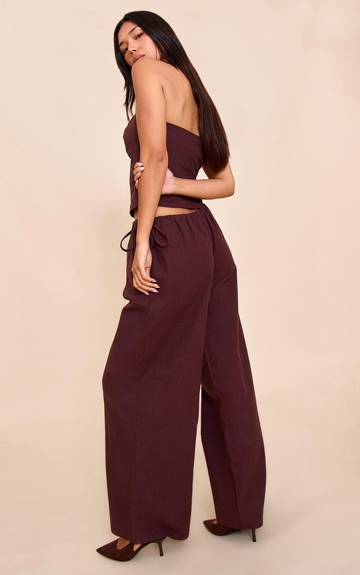 Deep Chocolate Premium Linen Side Tie Detail Wide Leg Pants Product Image