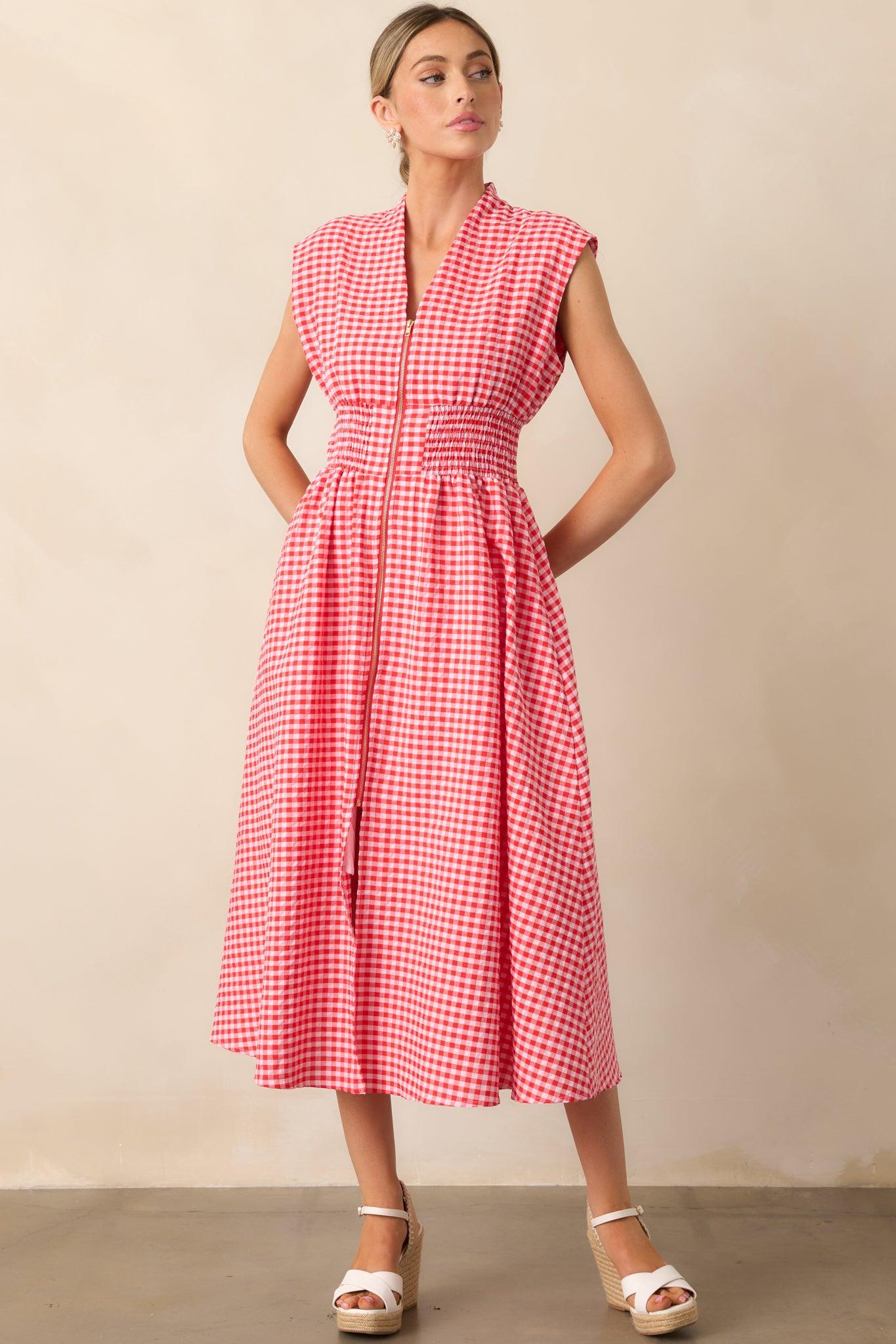 The Evette Red Gingham Zip Front Midi Dress Product Image