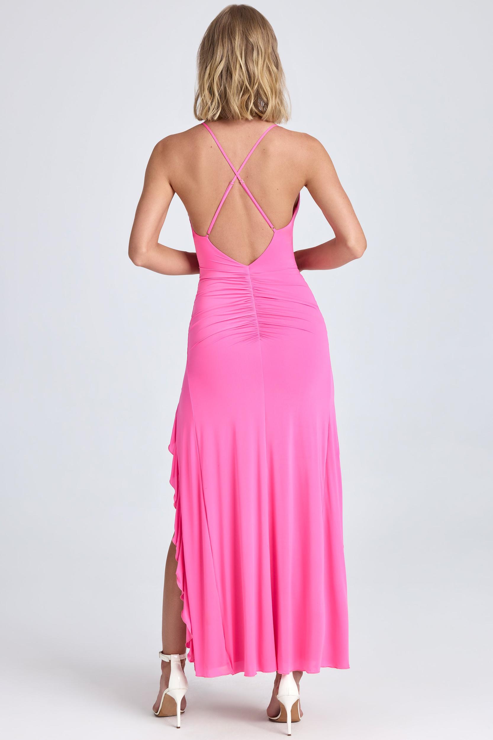 Ruched Ruffle-Trim Maxi Dress in Lollipop Pink Product Image