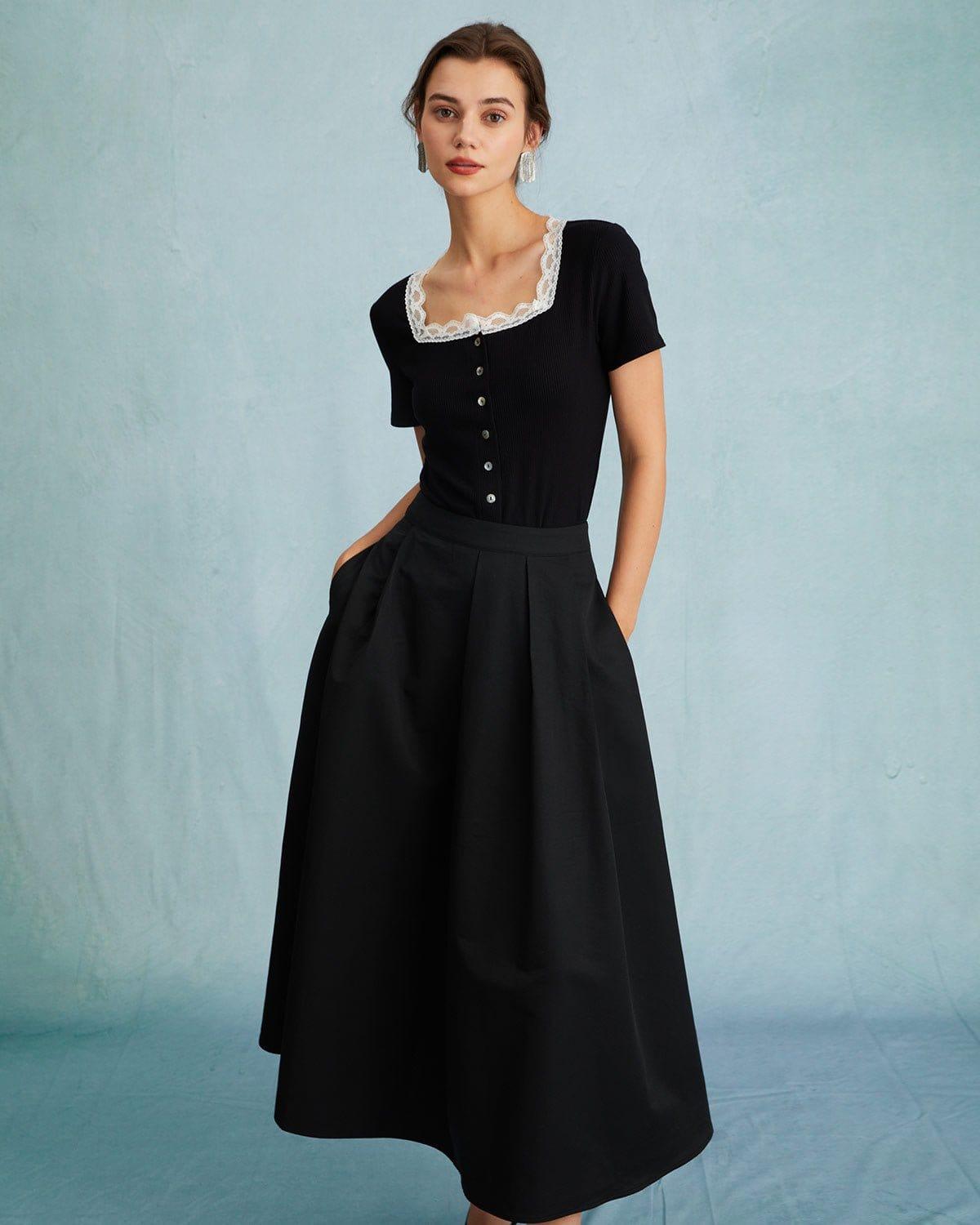 The Black High Waisted Pleated Midi Skirt Product Image