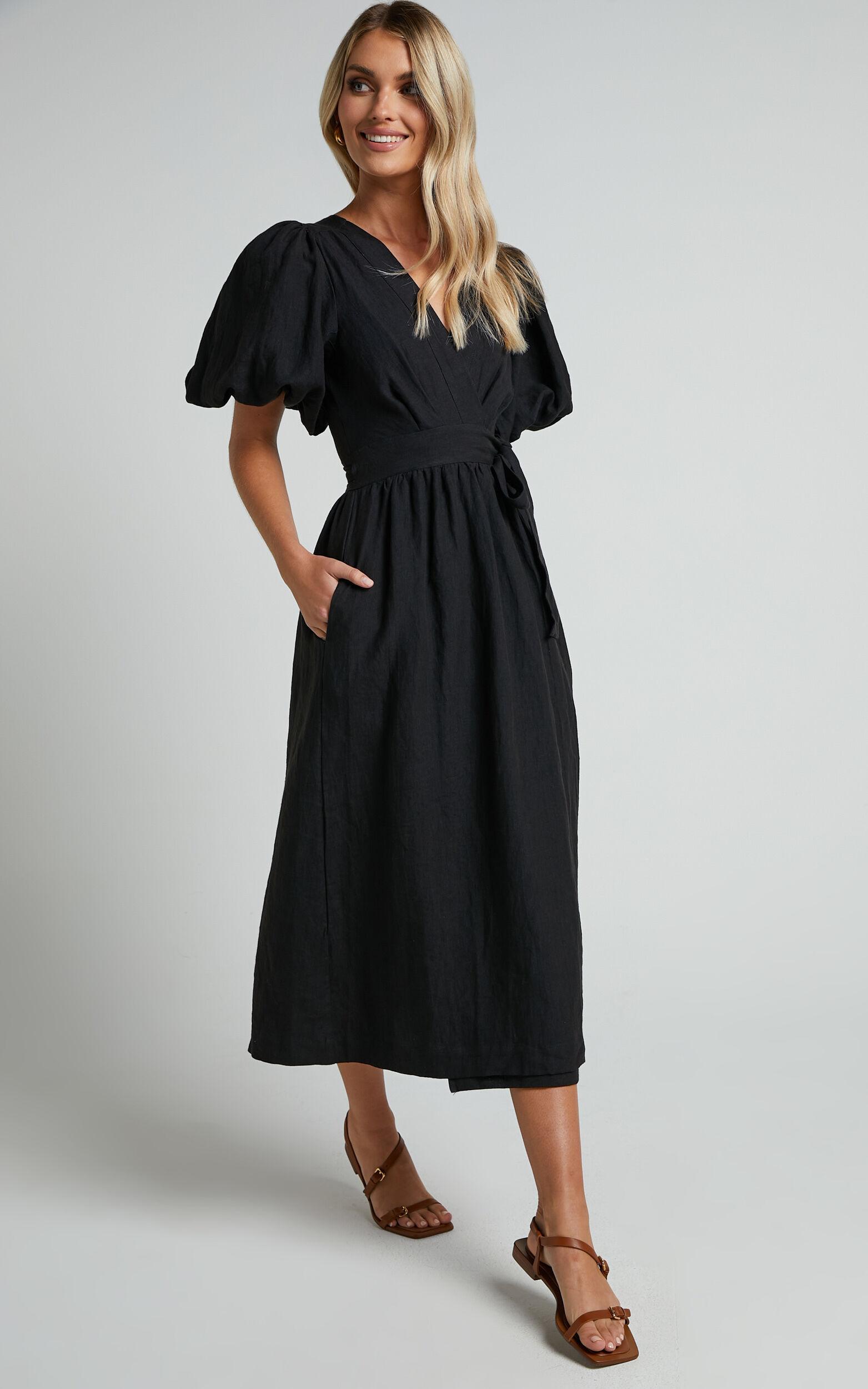 Amalie The Label - Franc Linen Puff Sleeve Wrap Midi Linen Dress in Black Product Image