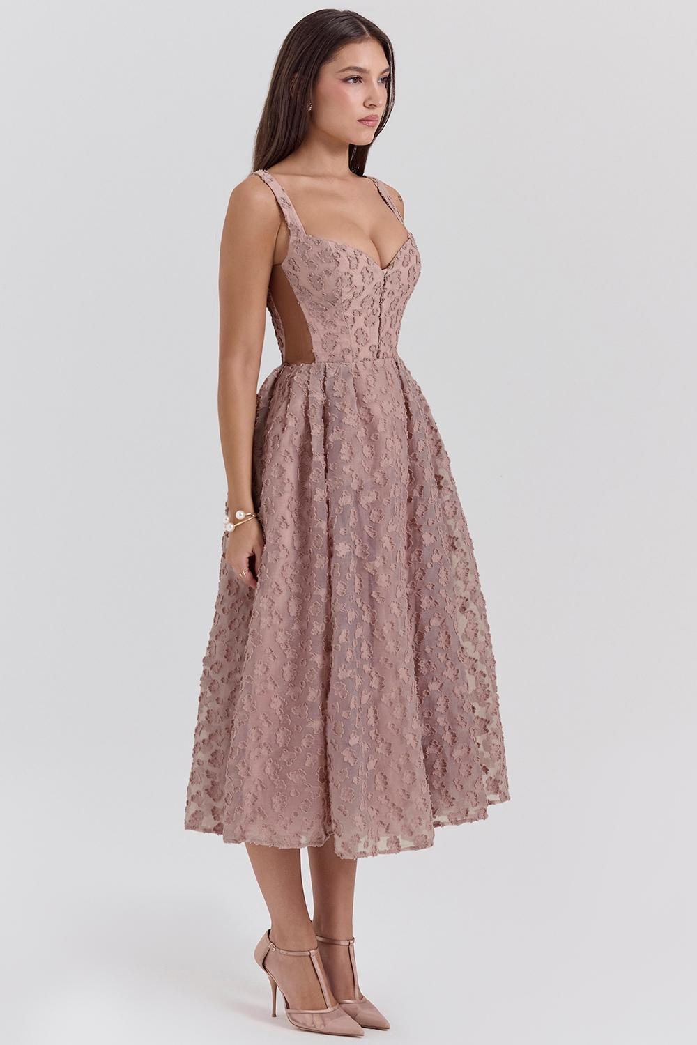 Lovely  french rose jacquard sweetheart neckline midi dress - sale Product Image