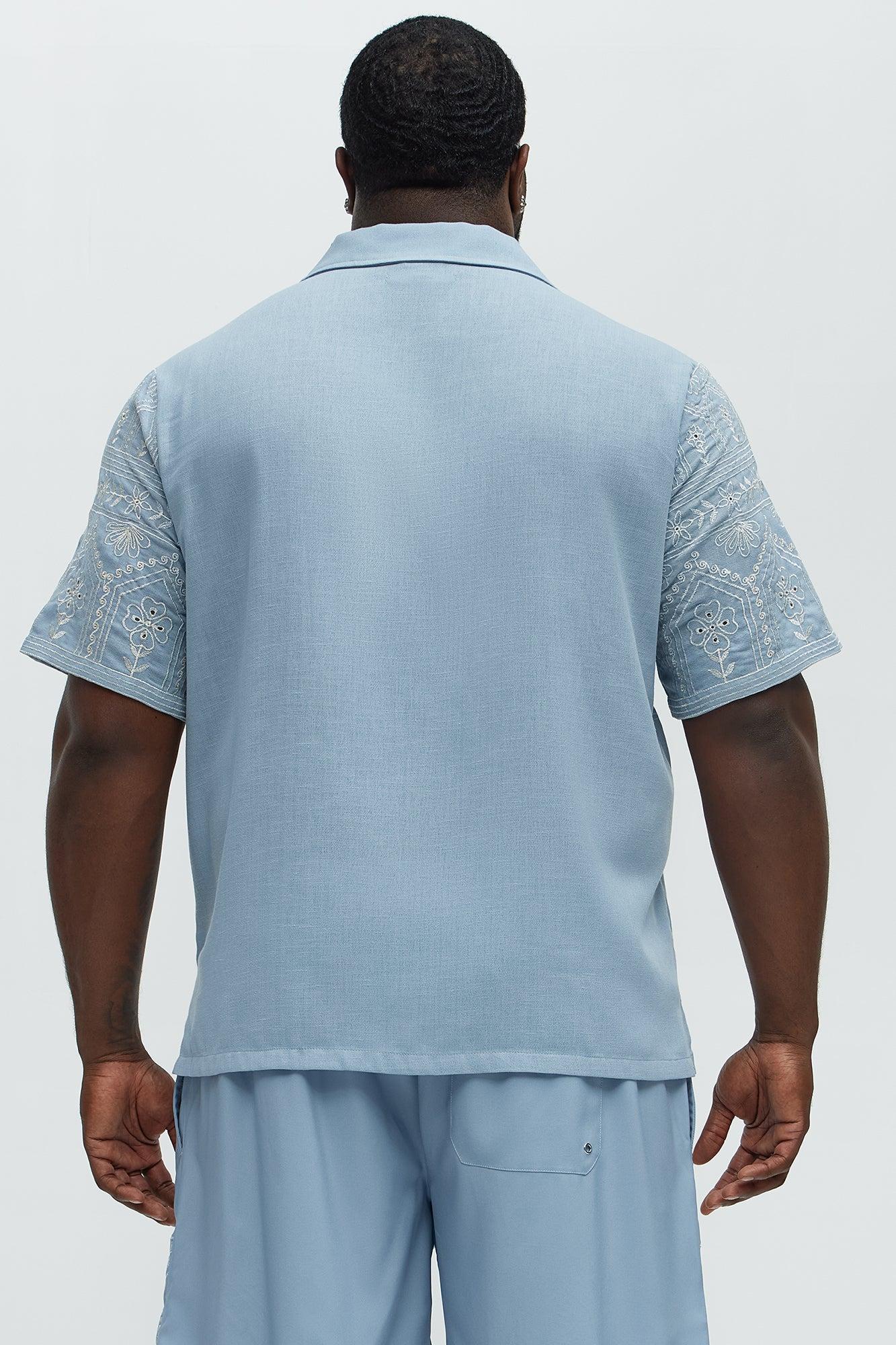 Embroidered Floral Cuban Collar Button Up Shirt - Blue/combo Product Image