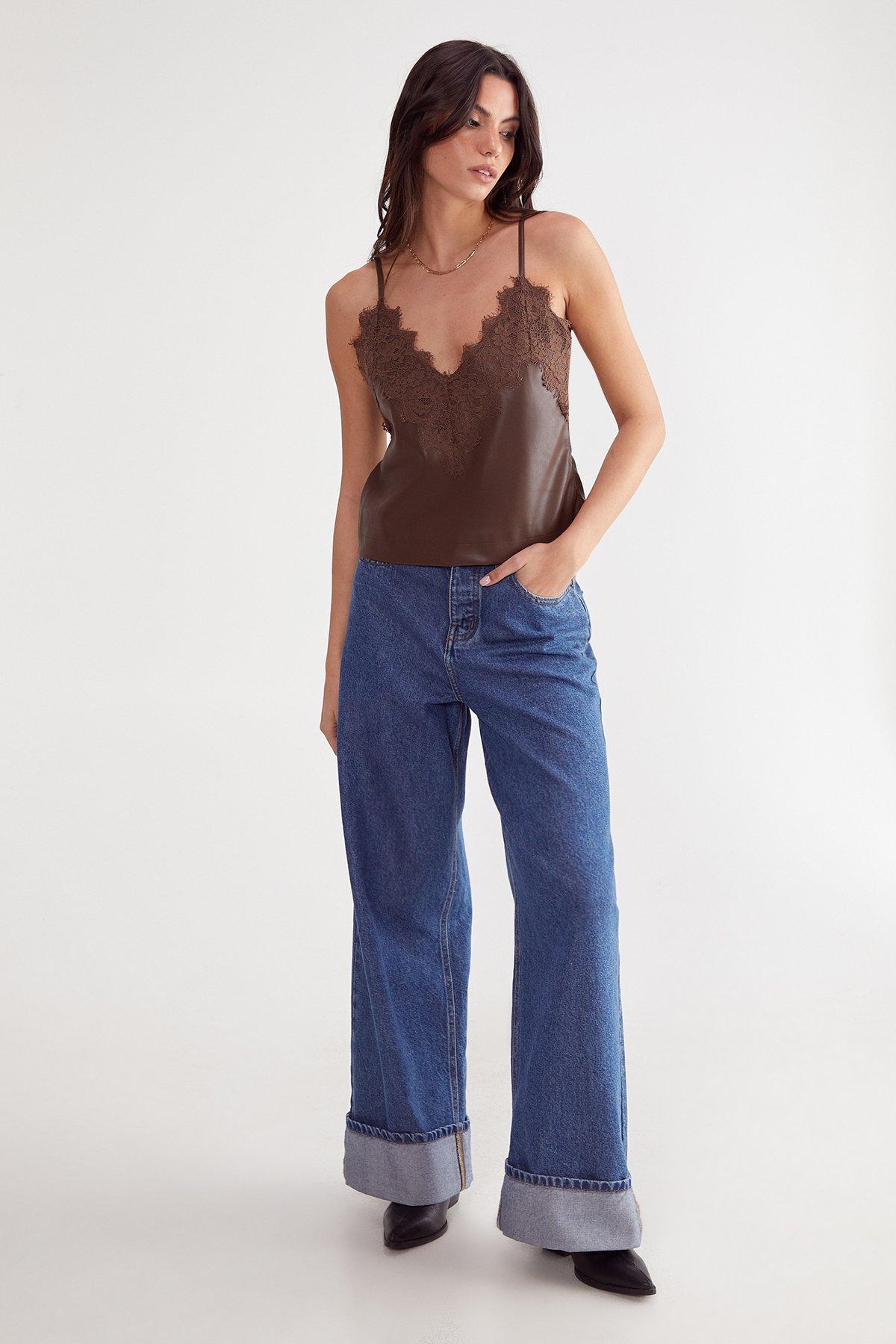 Eyelash Lace Trim Detail Faux Leather Cami Top Product Image