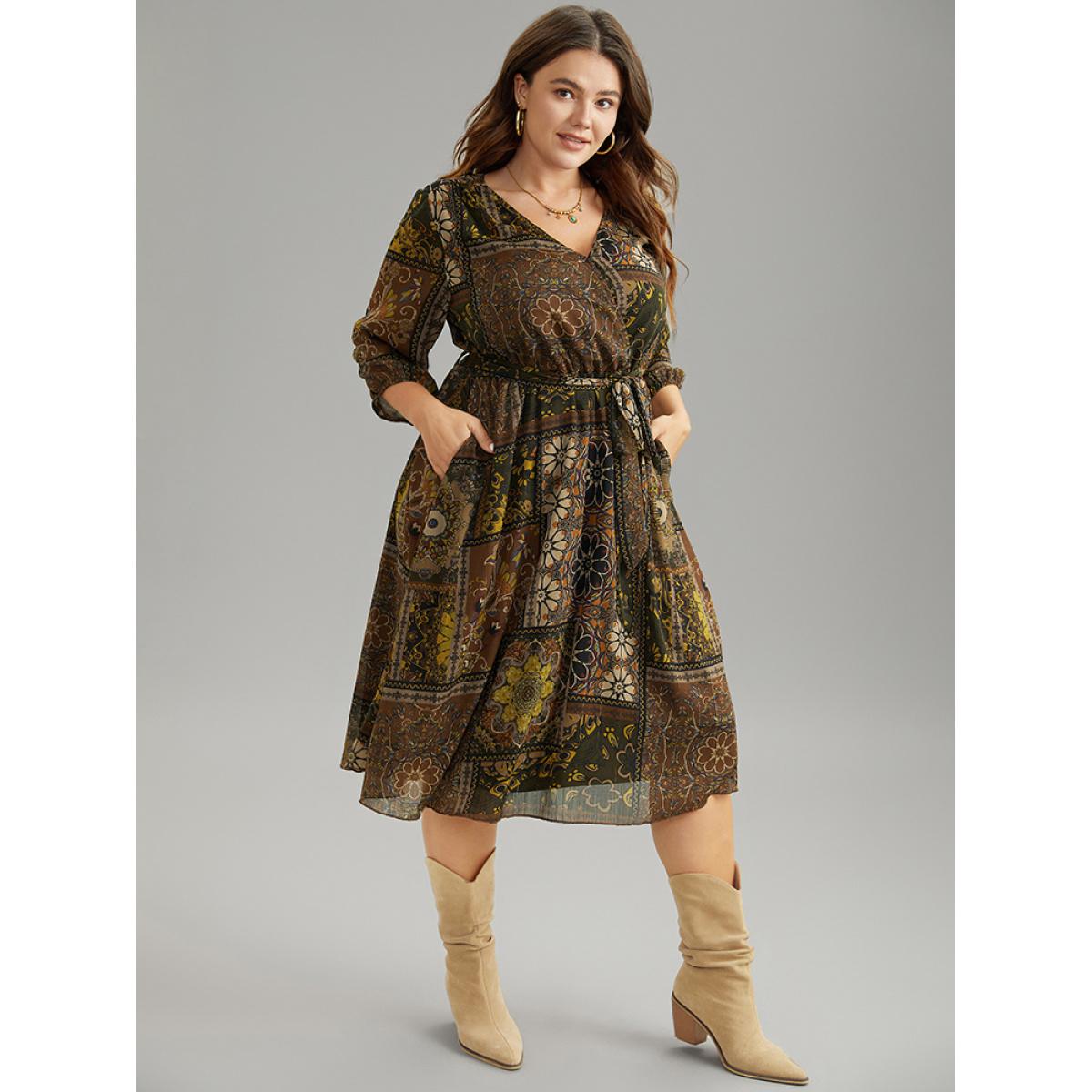 Plus Size Boho Print Wrap Elastic Waist Belted Dress LightBrown Women Vacation Elastic cuffs V-neck Elbow-length sleeve Curvy Midi Dress BloomChic 14-16/1X Product Image