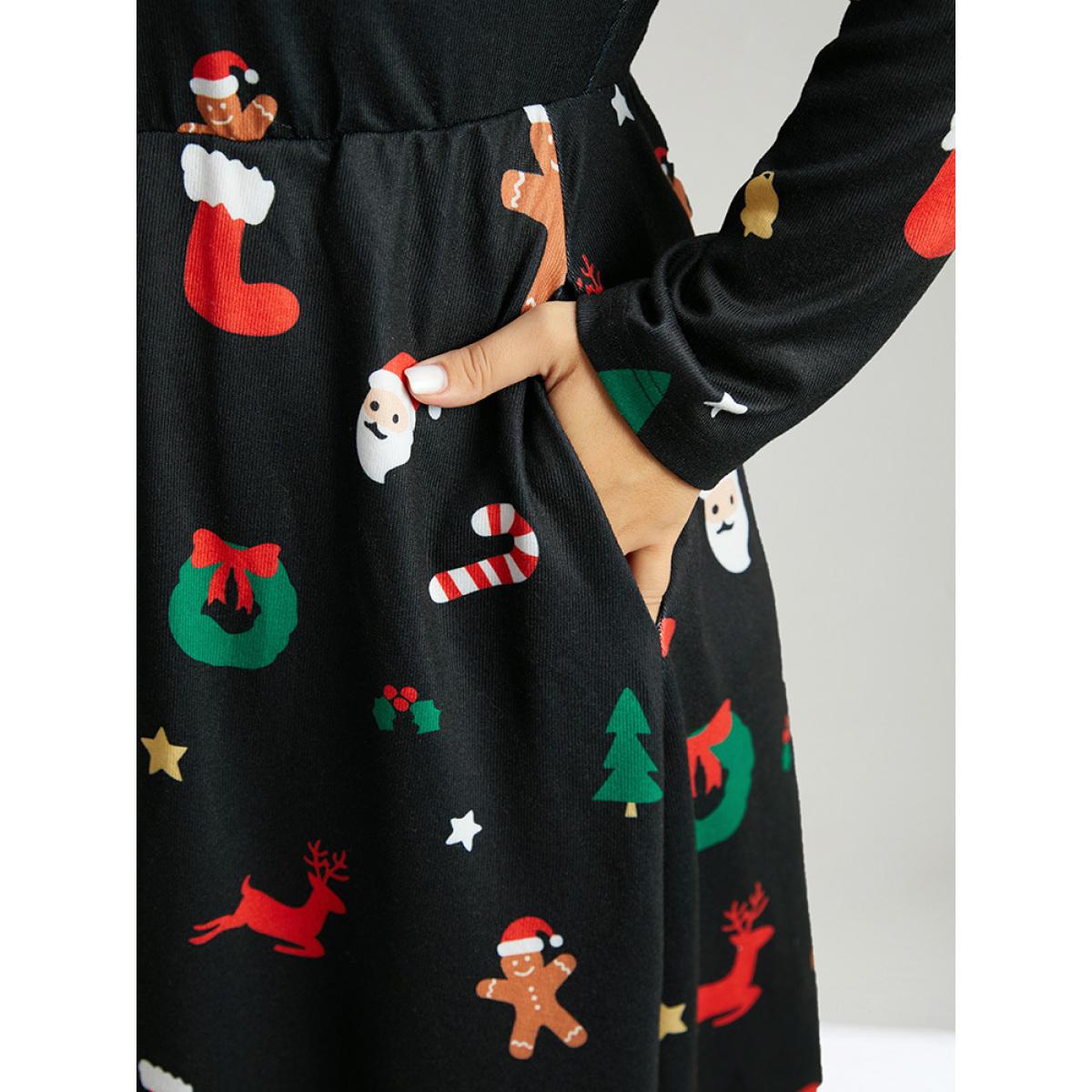 Plus Size Christmas Print Pocket Elastic Waist Dress Multicolor Women Casual Printed Round Neck Long Sleeve Curvy Midi Dress BloomChic 22-24/3X Product Image