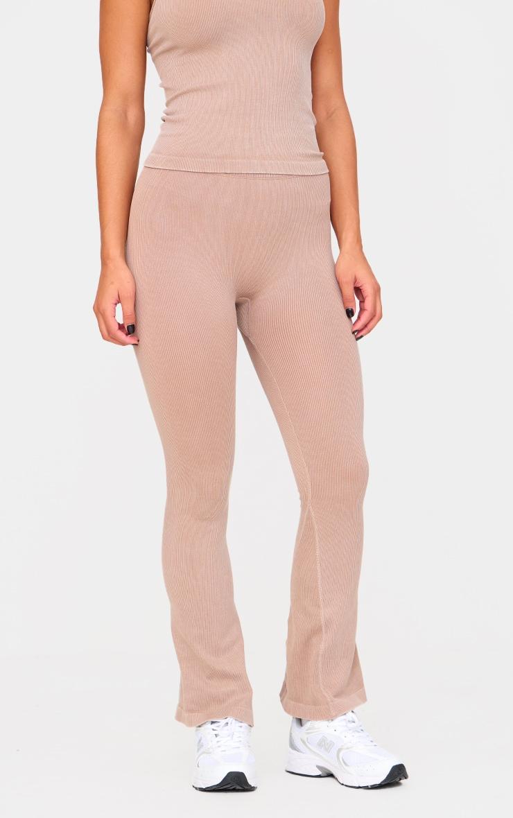 Chocolate Mocha Acid Wash Seamless Rib Flare Yoga Pants Product Image