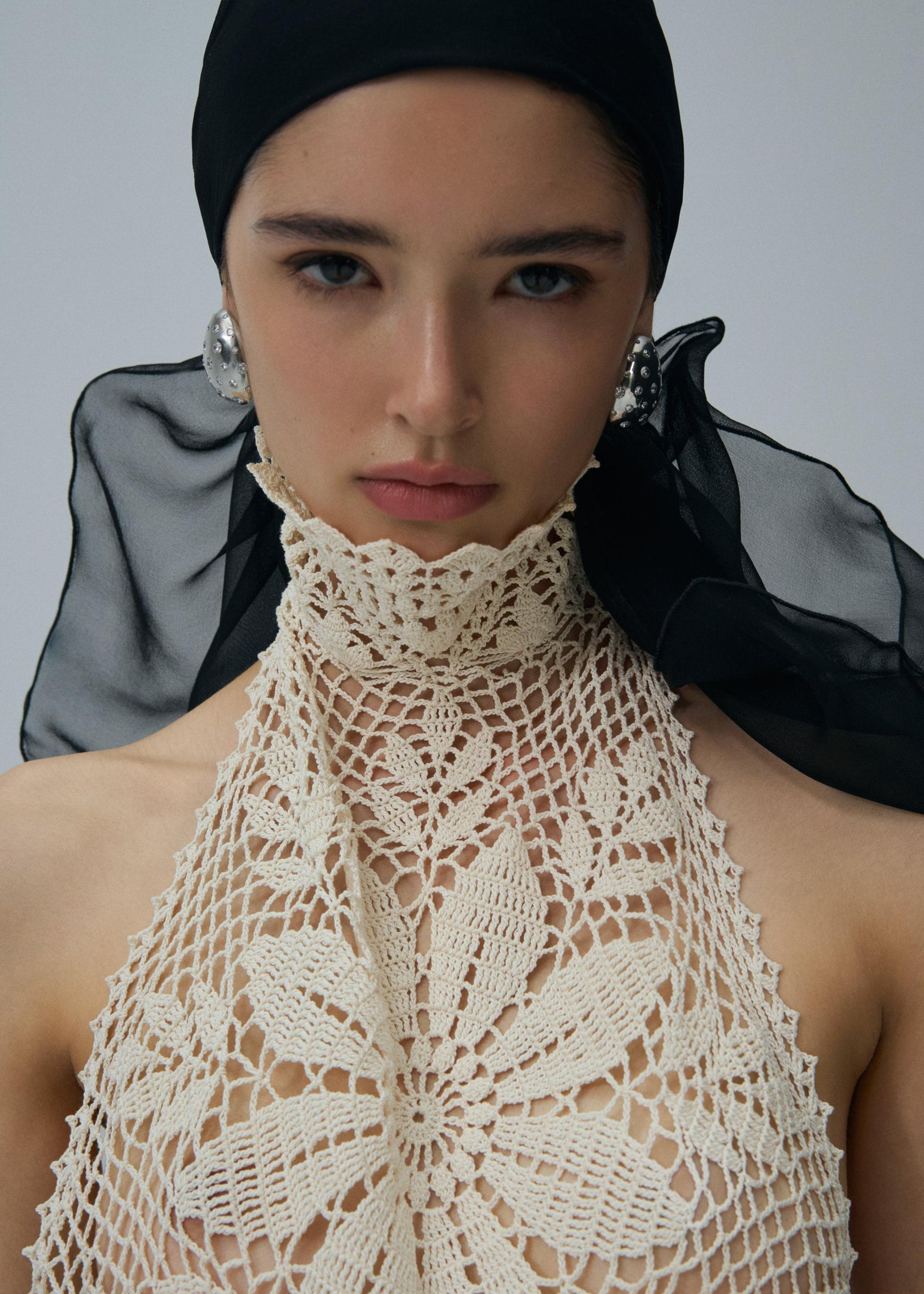 Lace crochet high neck blouse in cream Product Image