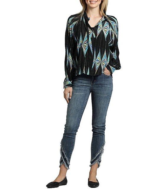 APNY Printed V Neckline Flounce Long Sleeve Blouse Product Image